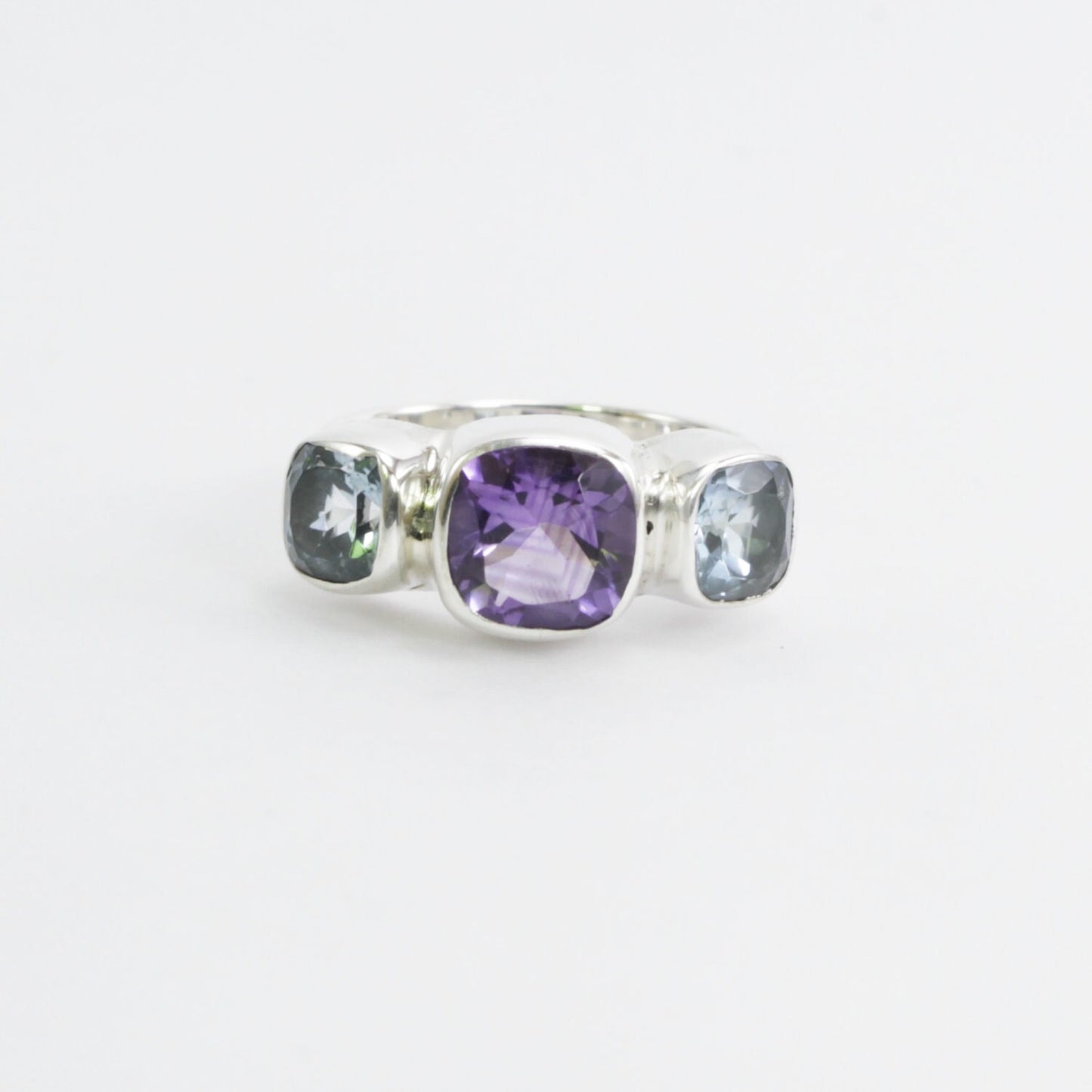 Three stone ring 925 sterling silver with 6 mm amethyst and 8 mm blue topaz