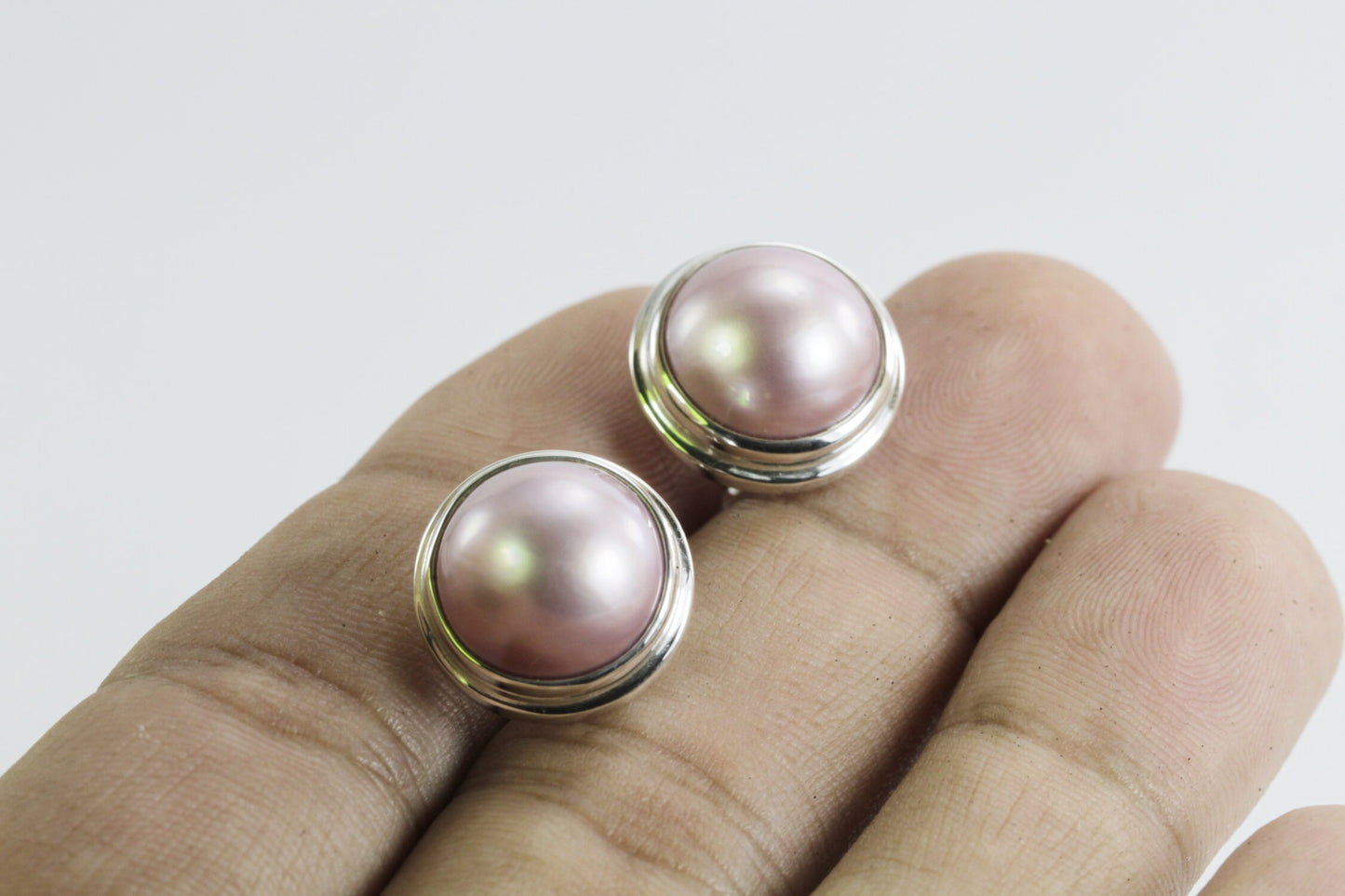 pink mabe pearl earrings stud Round 13 mm set in handmade double bezel 925 sterling silver