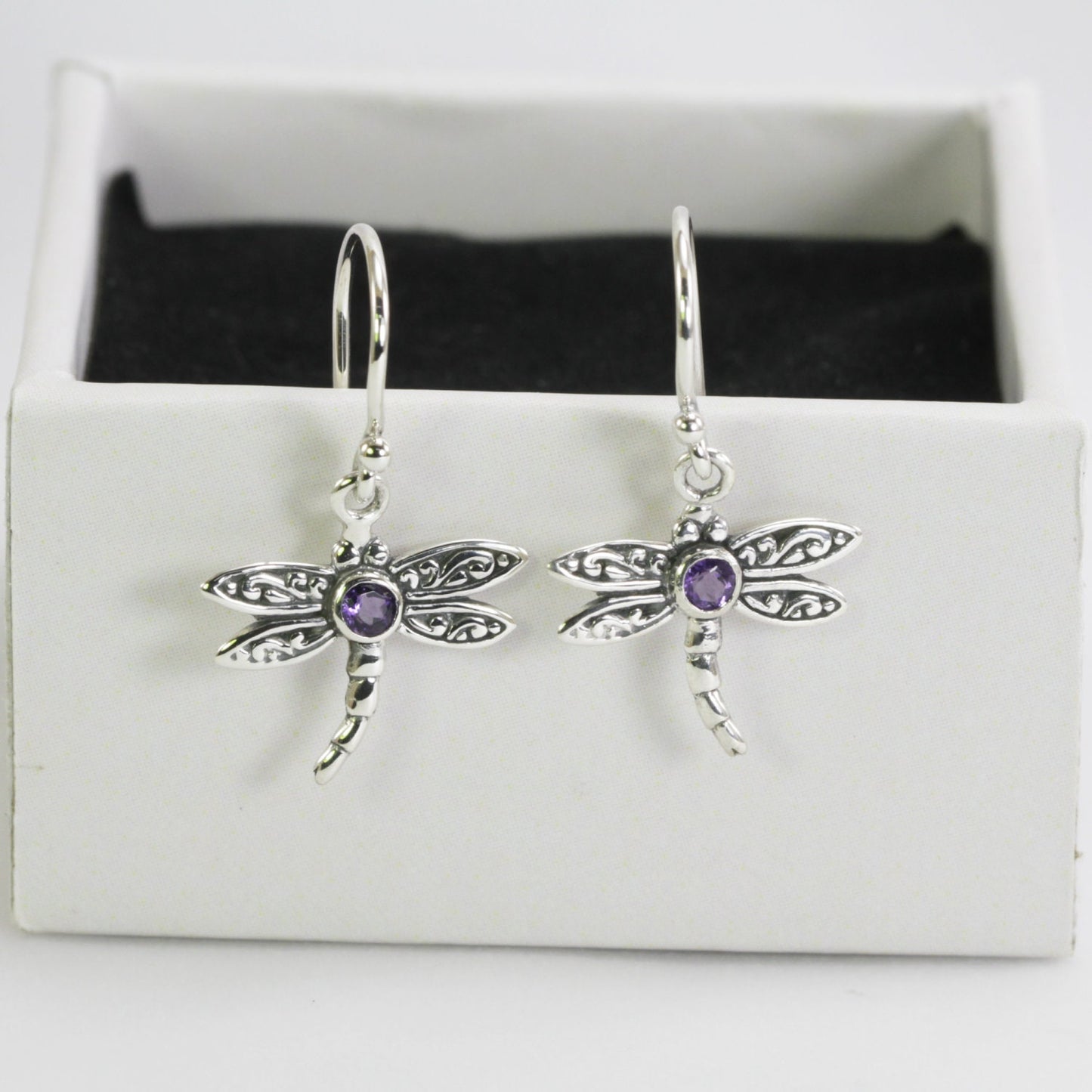 Beautiful dragonfly dangling earrings with genuine gems stone blue topaz set in 925 sterling silver decorated with swirl filigree art