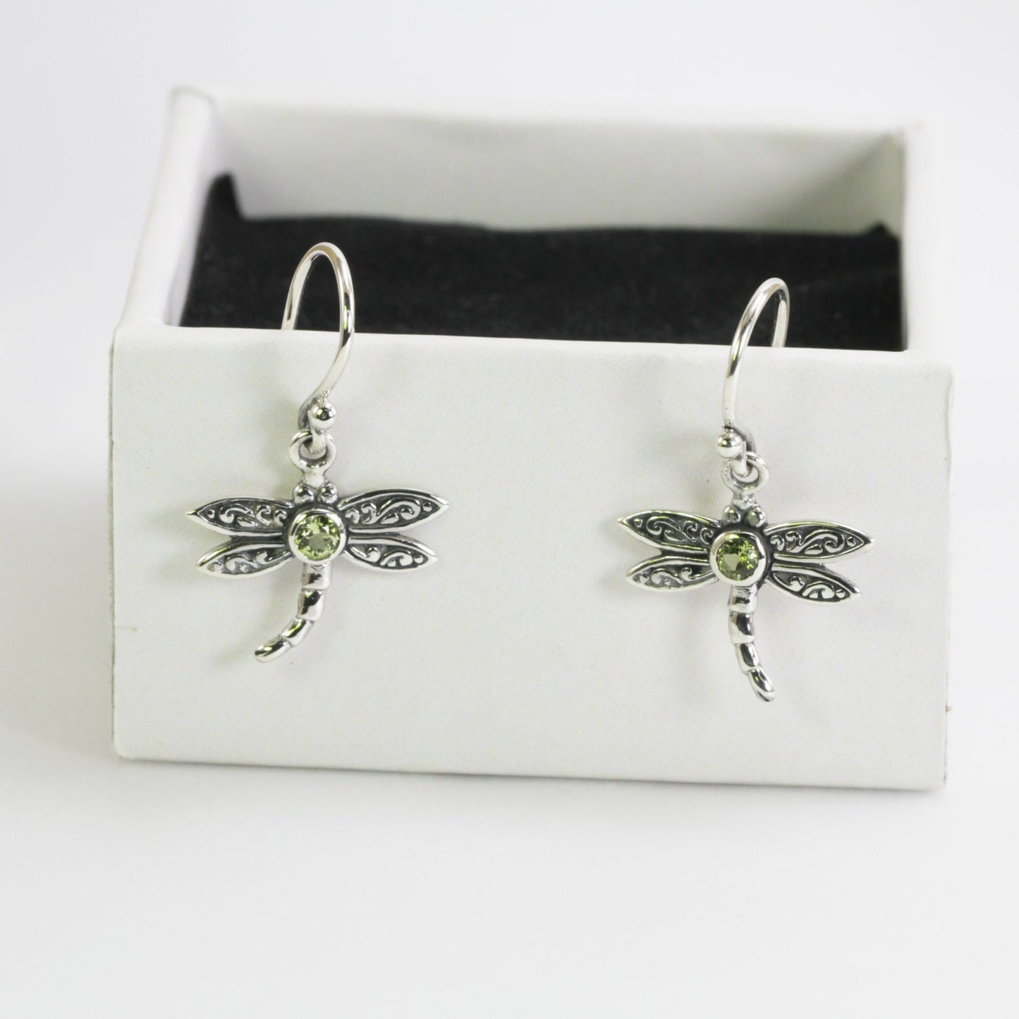 Beautiful dragonfly dangling earrings with genuine gems stone blue topaz set in 925 sterling silver decorated with swirl filigree art
