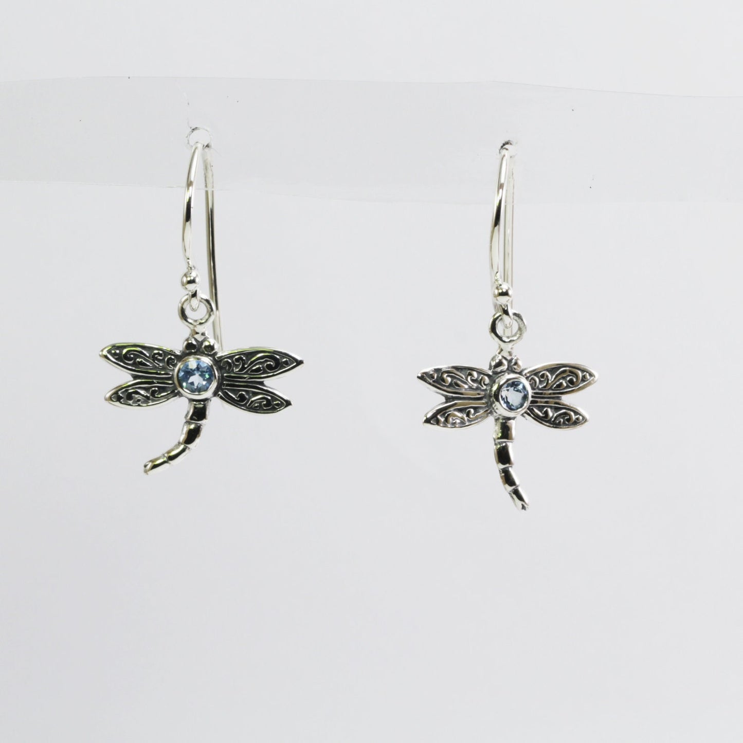 Beautiful dragonfly dangling earrings with genuine gems stone blue topaz set in 925 sterling silver decorated with swirl filigree art