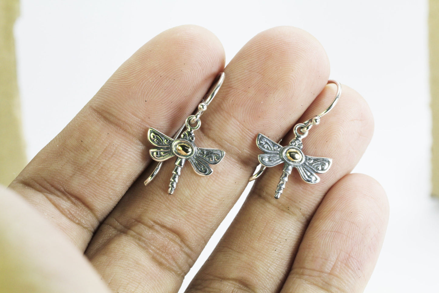 Beautiful dragonfly earrings 925 sterling silver , 18K gold accent decorated with swirl filigree ornament art