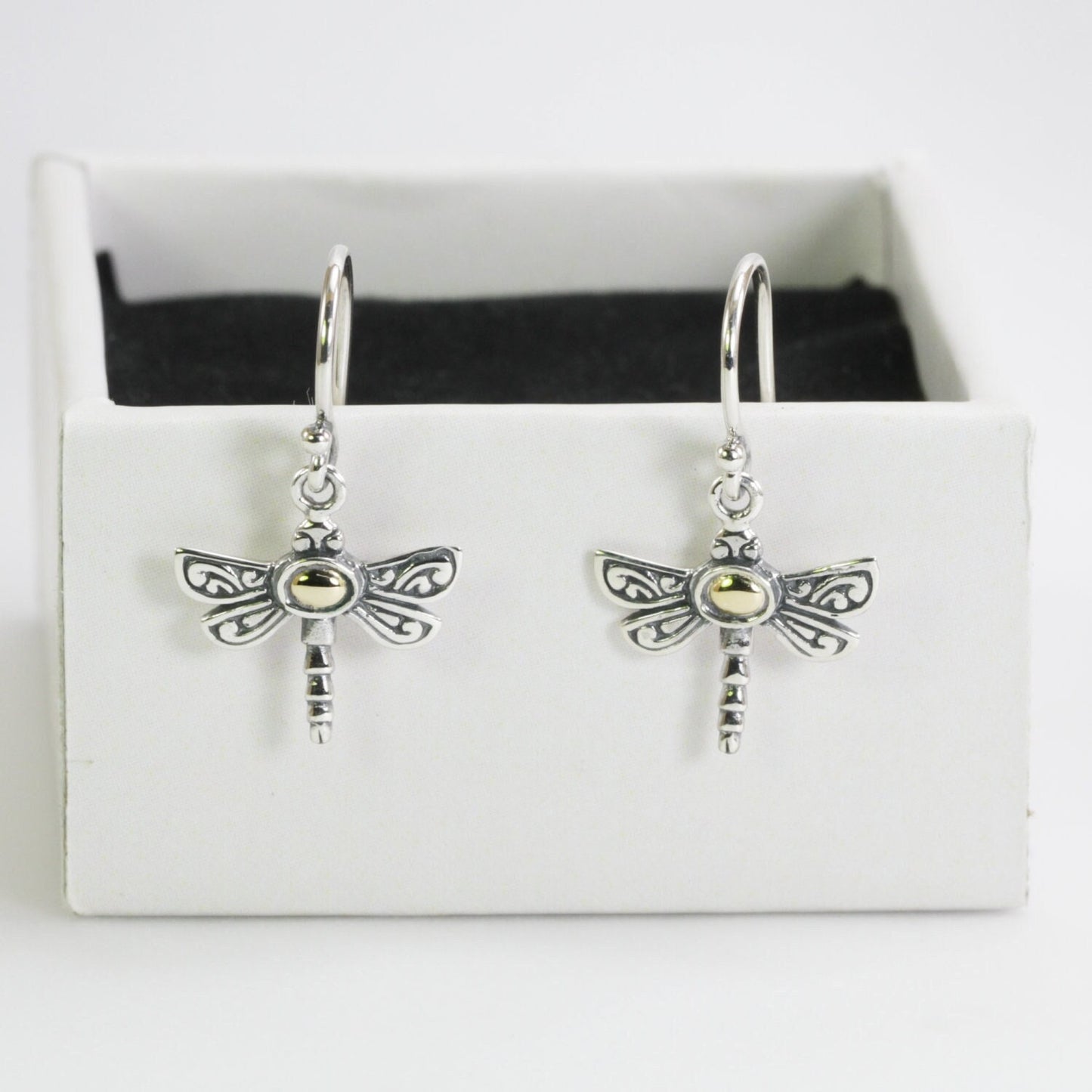 Beautiful dragonfly earrings 925 sterling silver , 18K gold accent decorated with swirl filigree ornament art