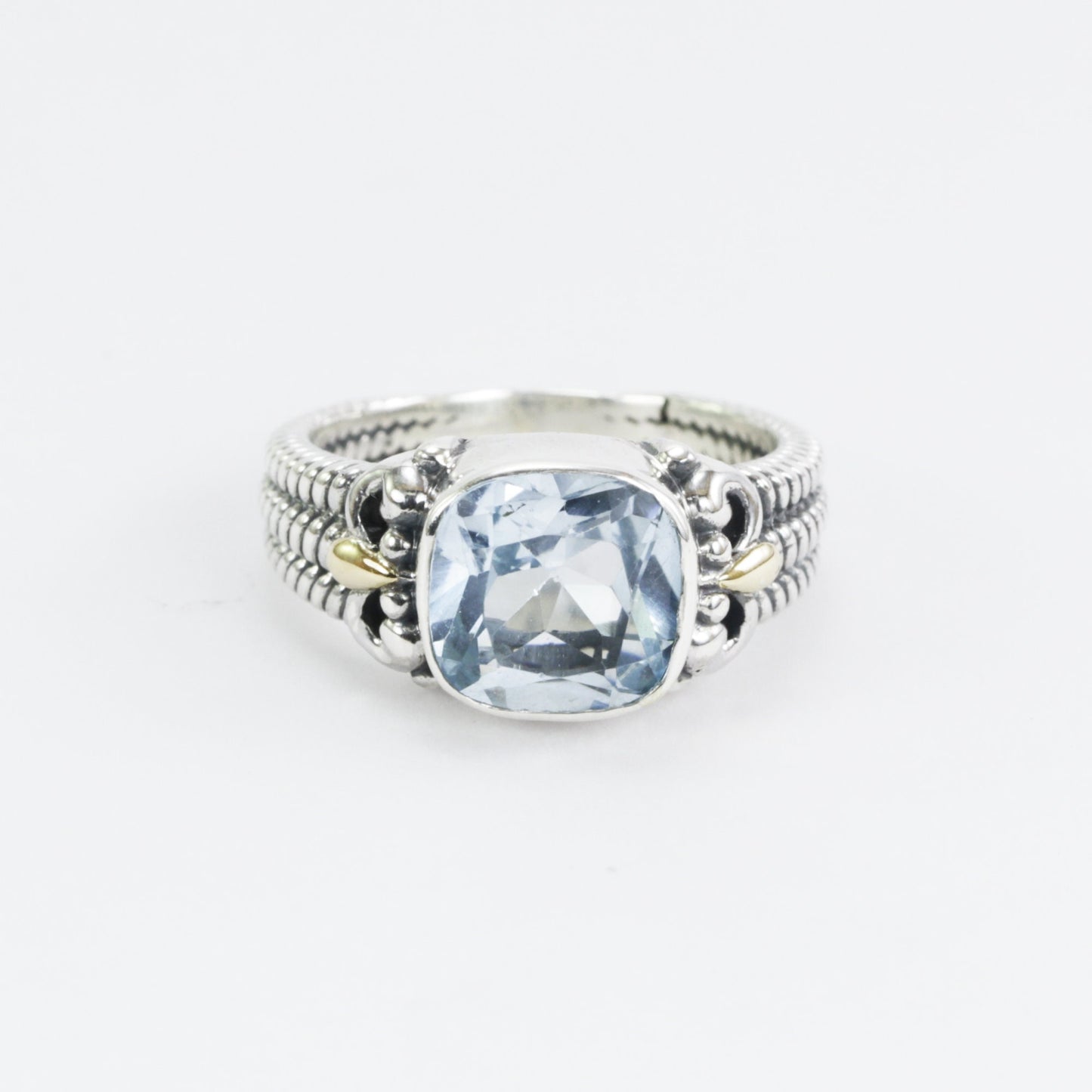 Blue Topaz Ring 925 sterling silver with 18k Gold accent and triple shank cable style