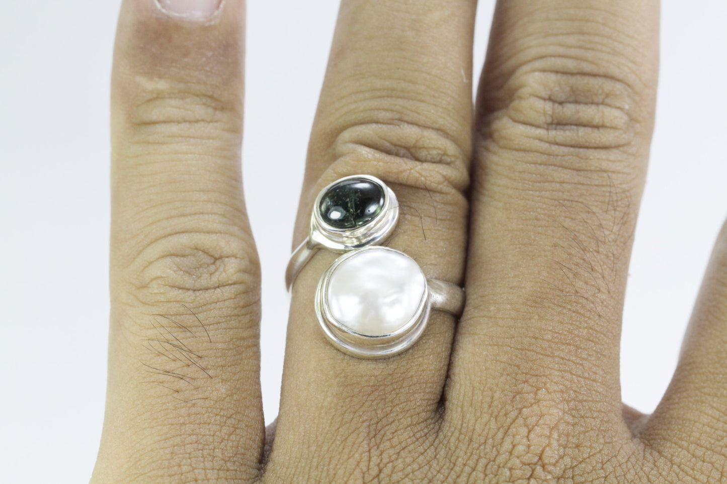 Bypass ring 925 sterling silver with biwa pearl and genuine green tourmaline bezel setting