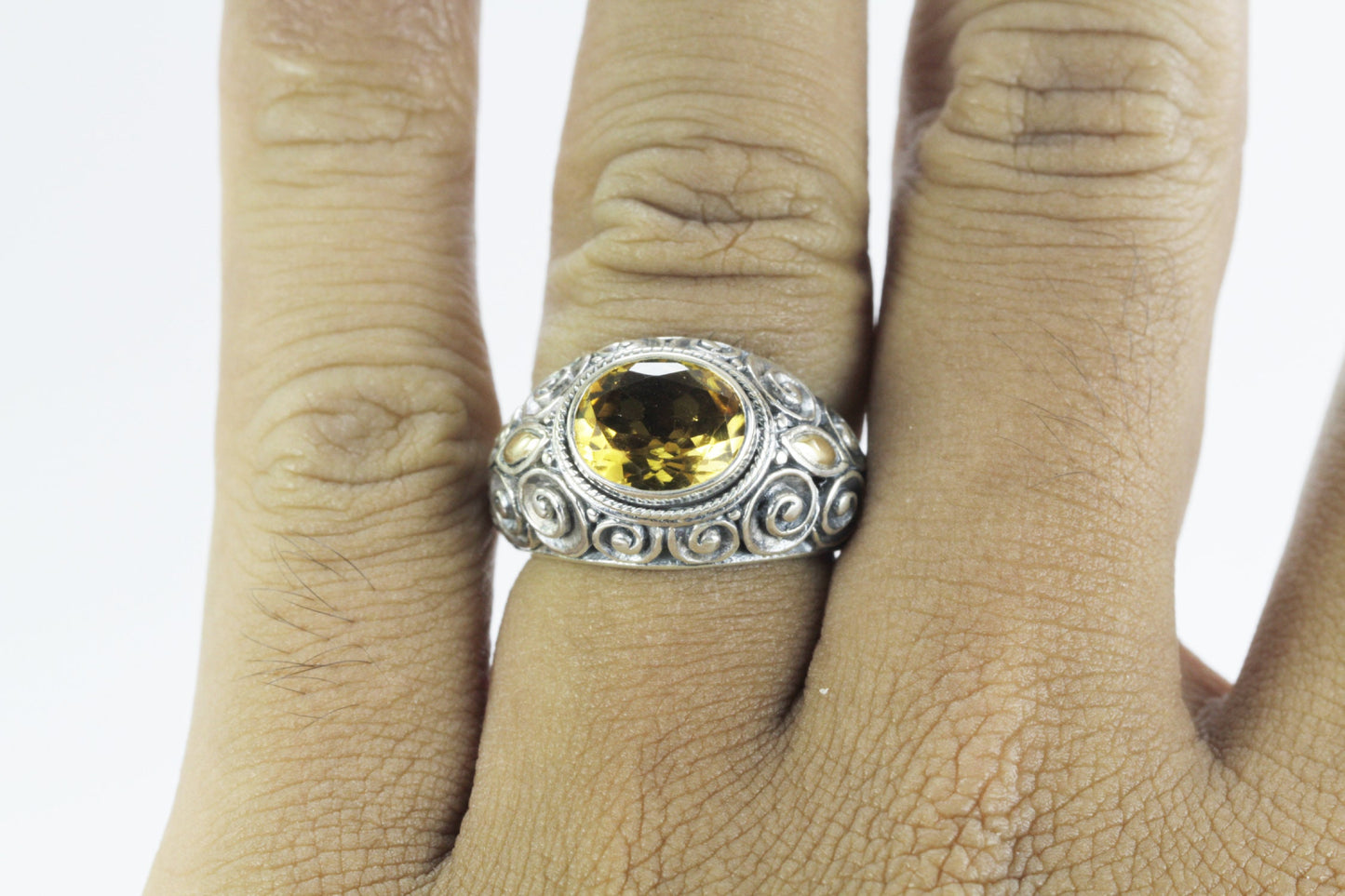 Citrine ring for women set in 925 sterling silver with 18K Gold accent and swirl filigree handcrafted