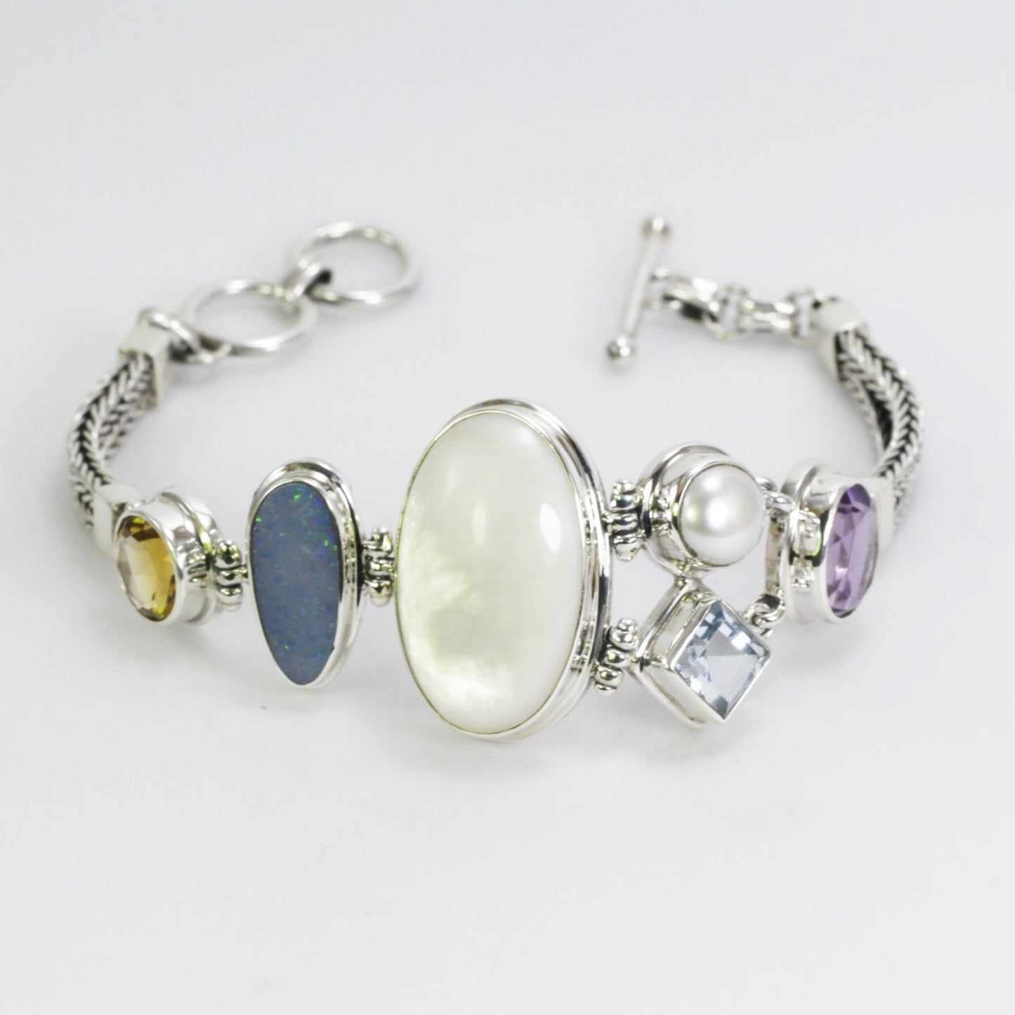 Multi Gems stones bracelet 7" inch 925 sterling silver foxtail chain
