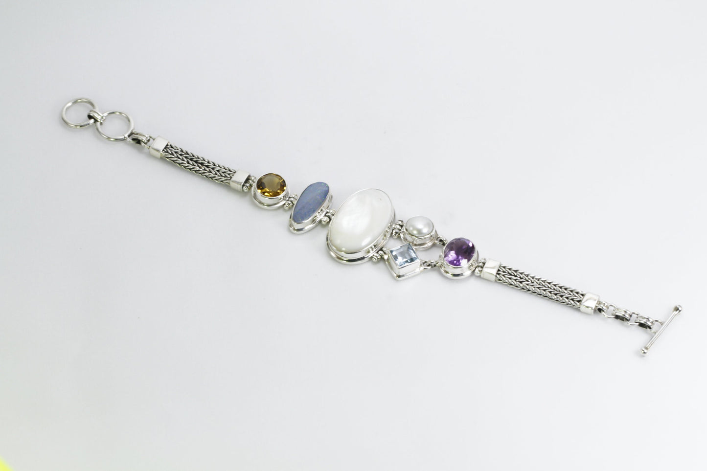 Multi Gems stones bracelet 7" inch 925 sterling silver foxtail chain