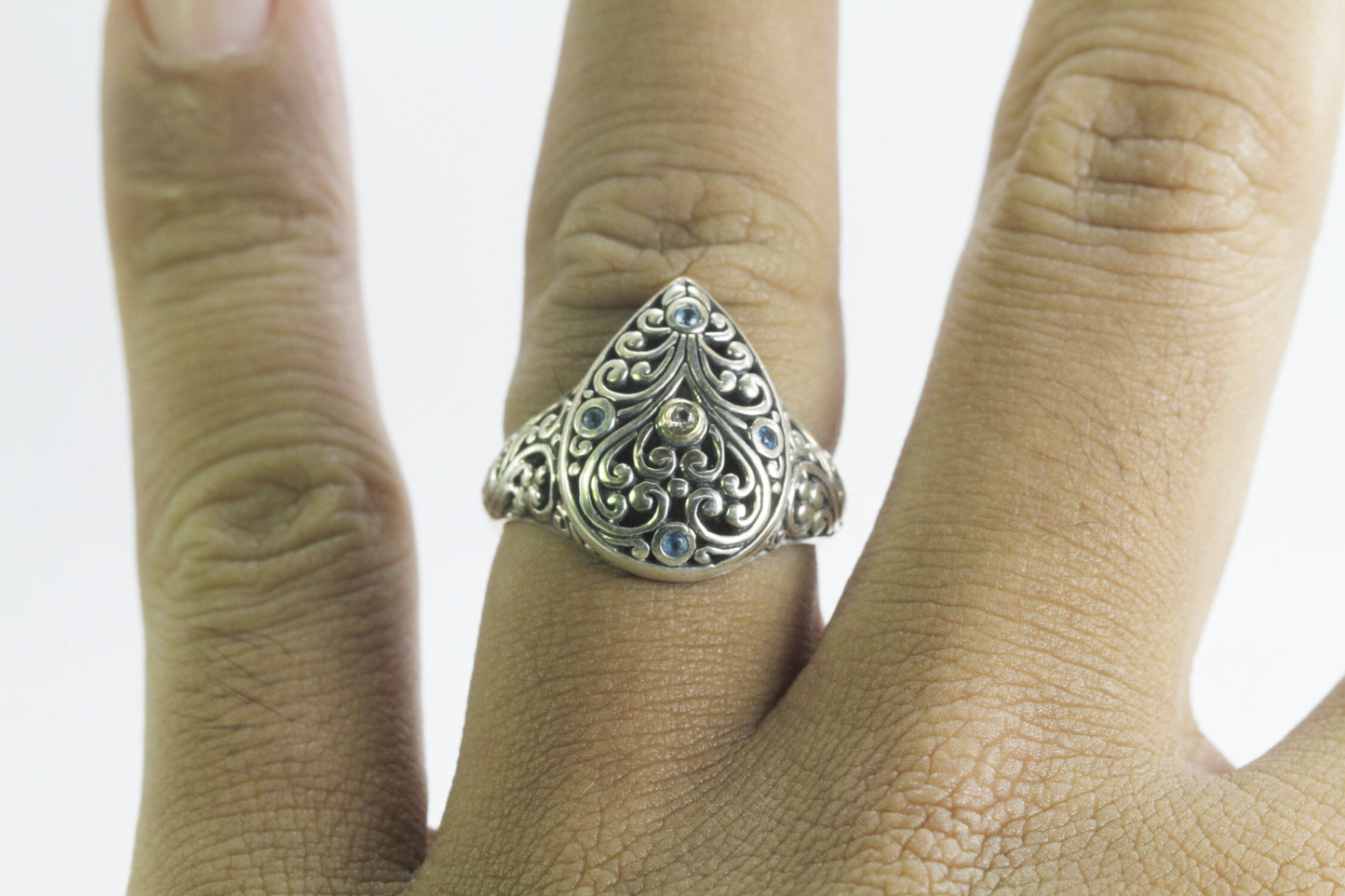 Beautiful Bali handmade Filigree Carving in 925 sterling silver ring decorated with genuine topaz and 18K yellow gold accent