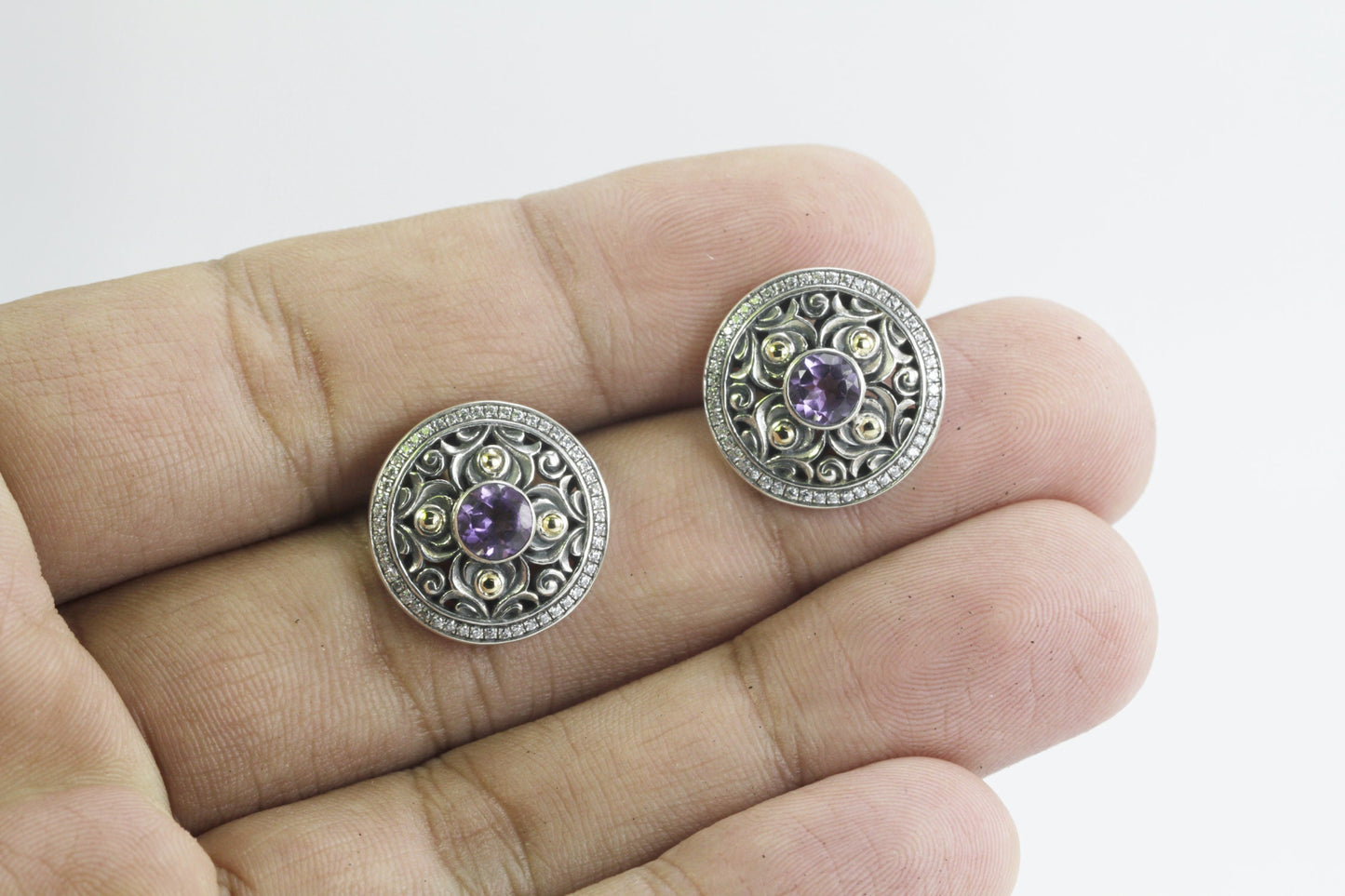 round earrings 925 sterling silver with genuine round amethyst and white topaz pave decorated with filigree ornament, 18 K yellow gold