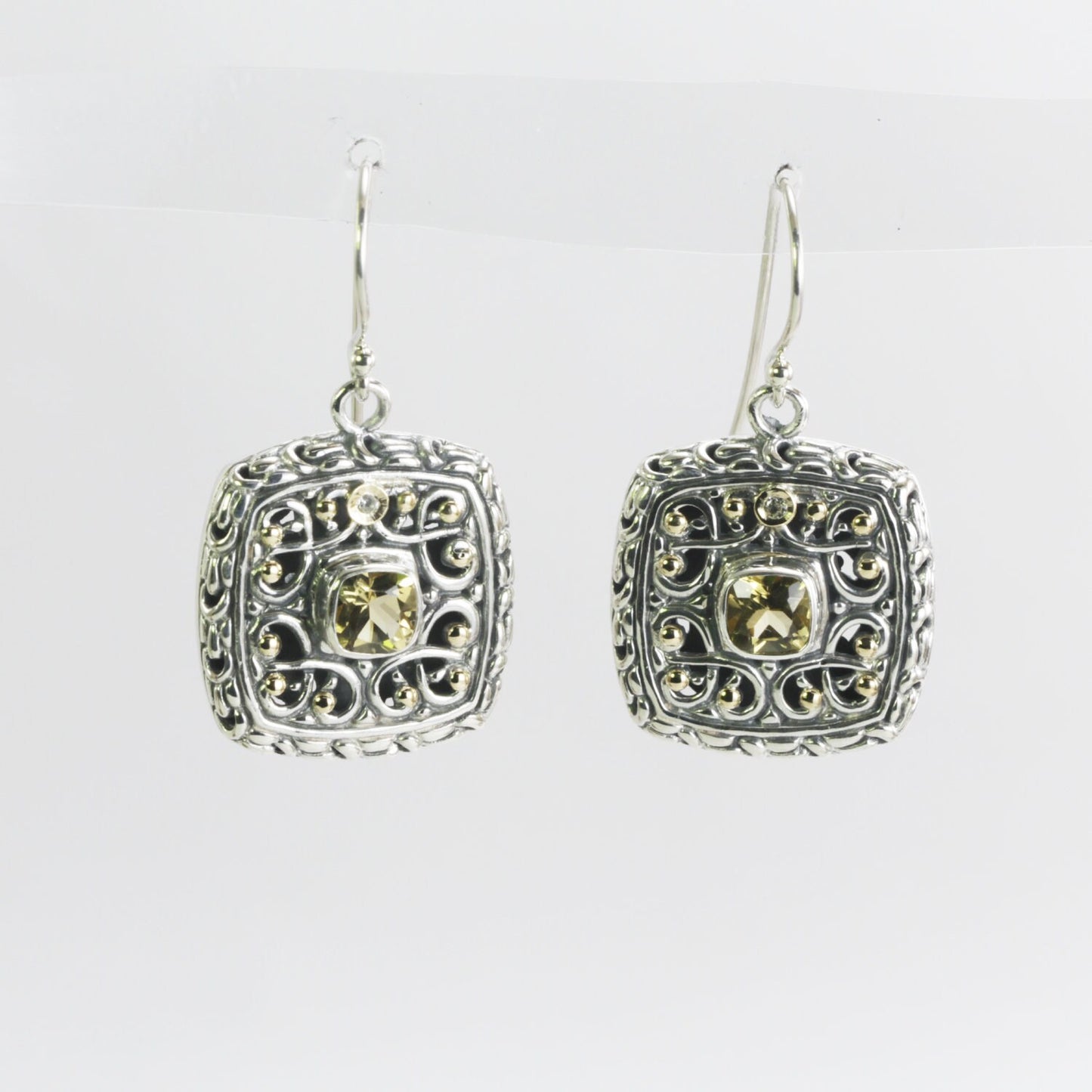 Square silver earrings with genuine yellow citrine decorated beautiful handcrafted filigree and 18K yellow gold accent