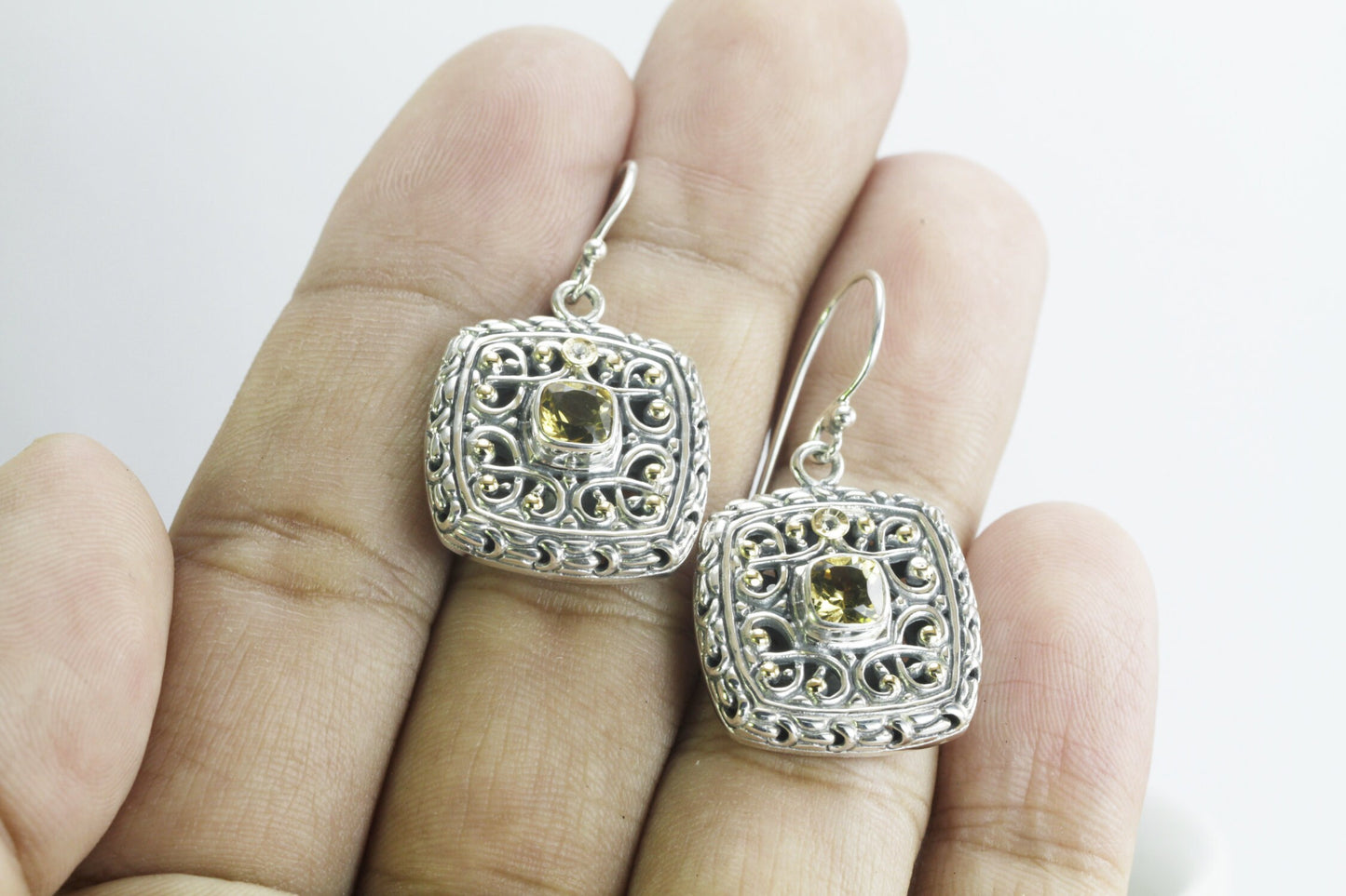 Square silver earrings with genuine yellow citrine decorated beautiful handcrafted filigree and 18K yellow gold accent