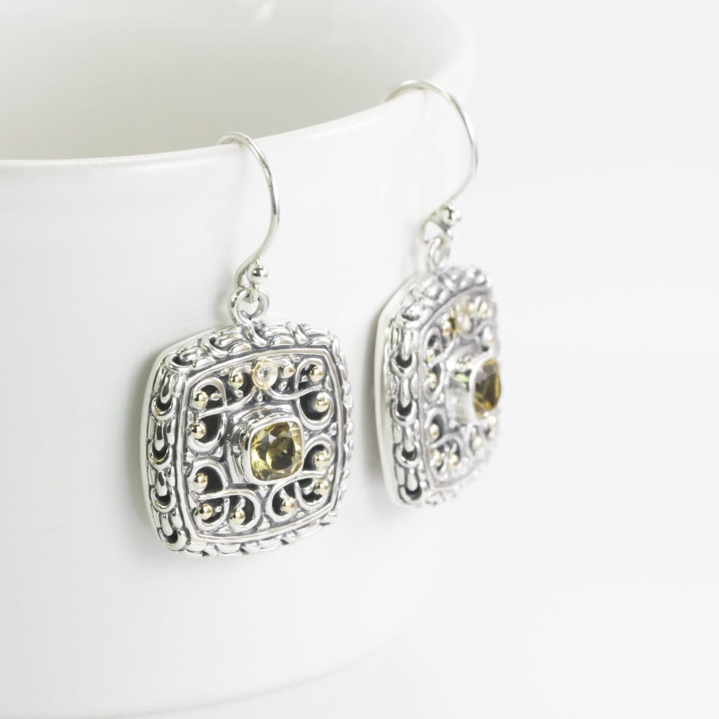 Square silver earrings with genuine yellow citrine decorated beautiful handcrafted filigree and 18K yellow gold accent