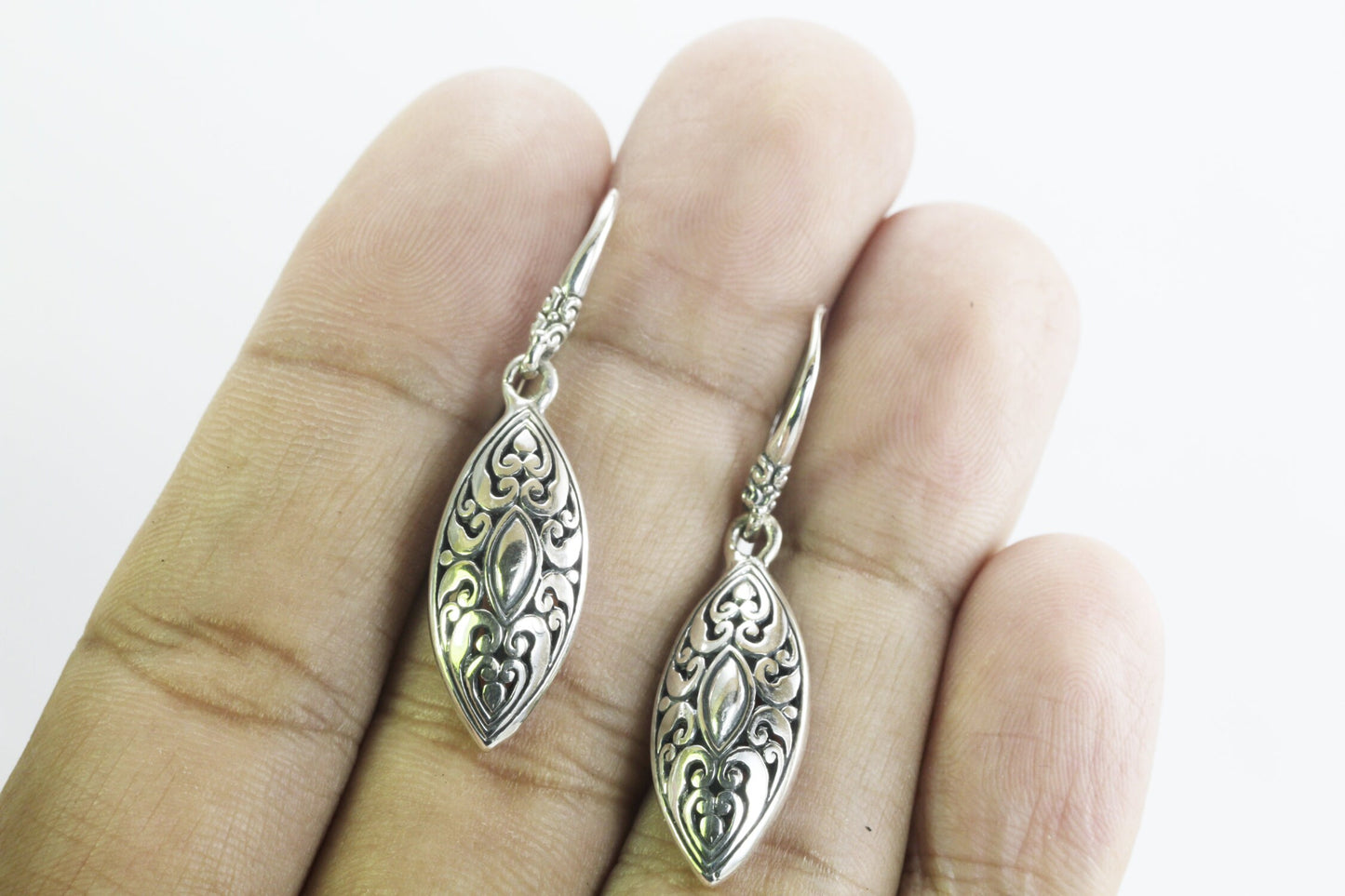 marquise earrings 925 sterling silver dangle drop decorated with swirl filigree