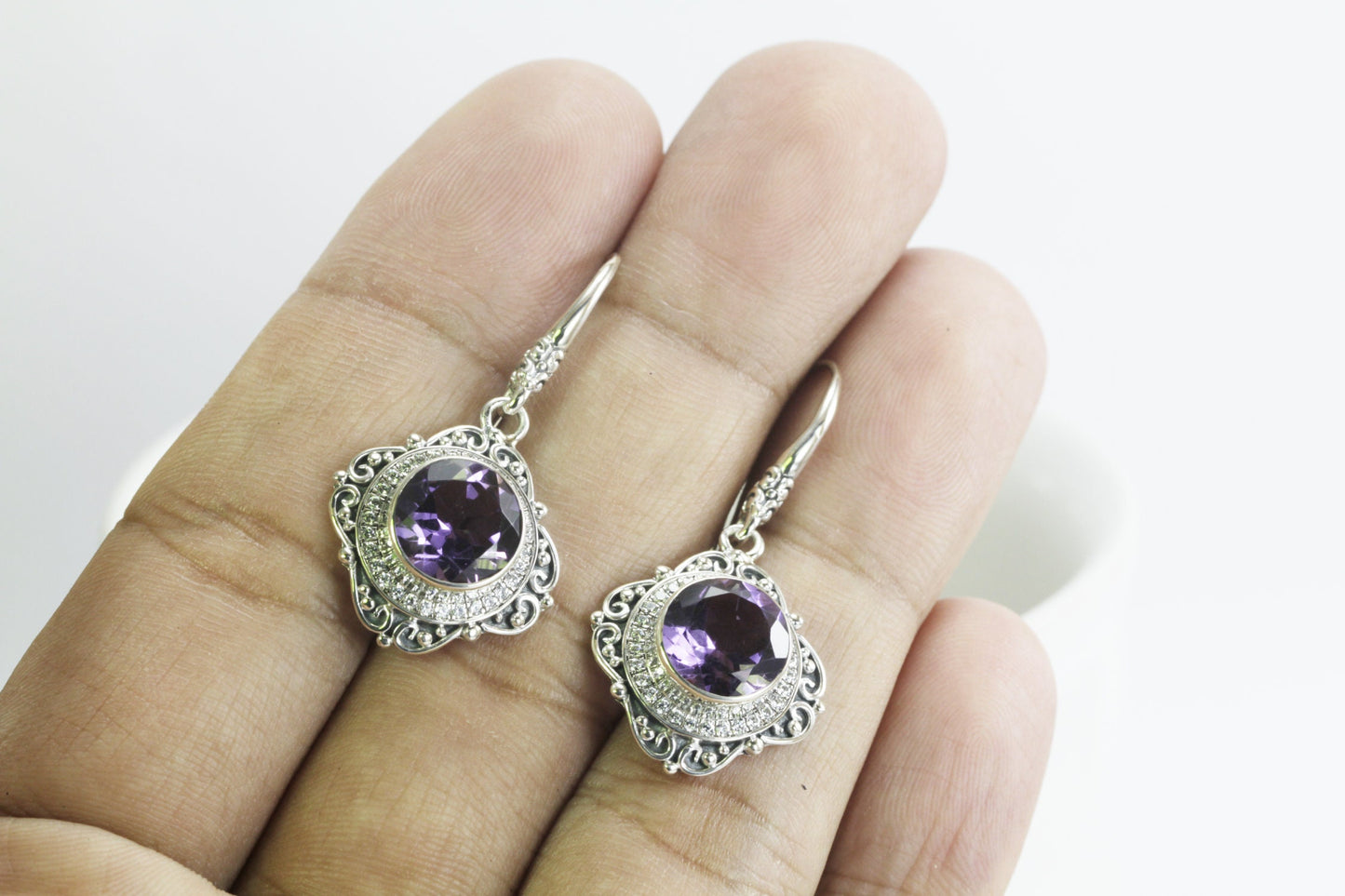 dangle drop earrings 925 sterling silver with genuine amethyst decorated with white topaz pave