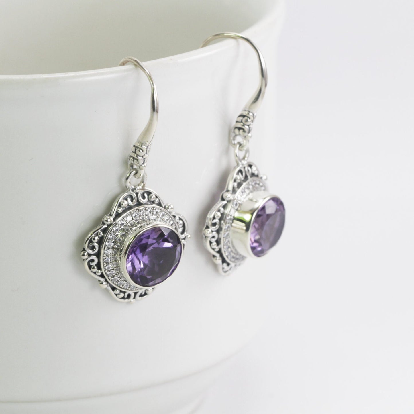 dangle drop earrings 925 sterling silver with genuine amethyst decorated with white topaz pave