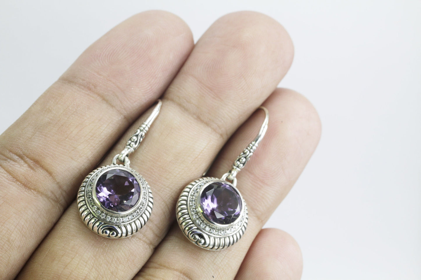 amethyst earrings round shape set in 925 sterling silver decorated with white topaz pave and cable rope edge