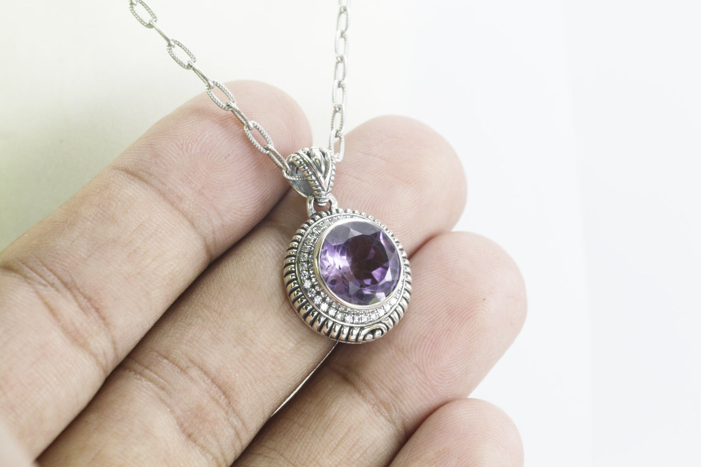 amethyst Necklace Pendant set in 925 sterling silver decorated with guanine white topaz and cable handcrafted