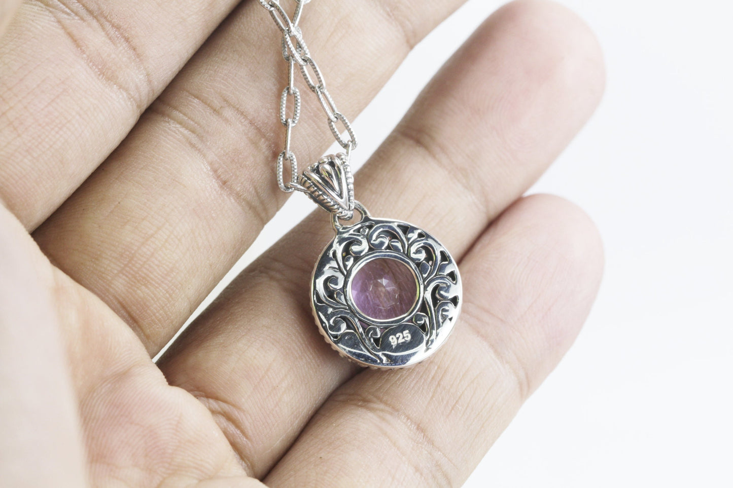 amethyst Necklace Pendant set in 925 sterling silver decorated with guanine white topaz and cable handcrafted