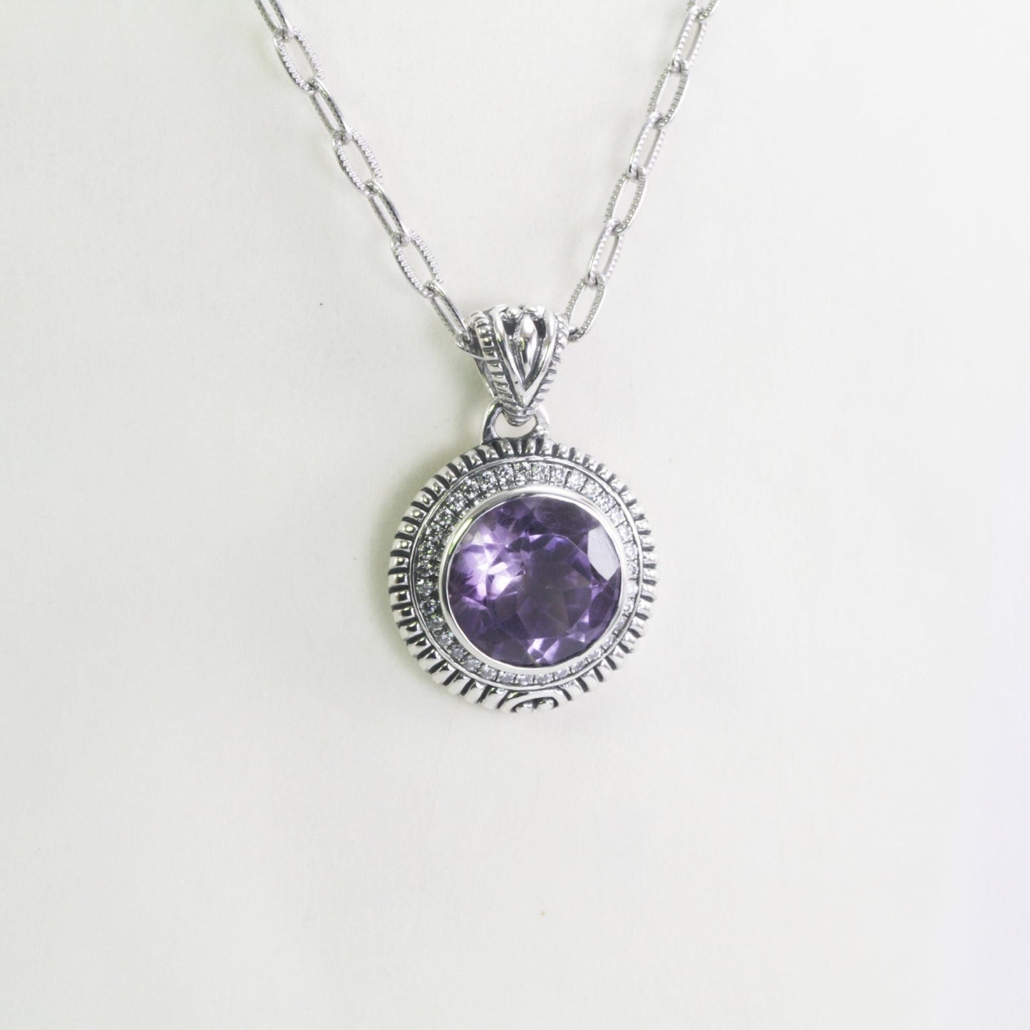 amethyst Necklace Pendant set in 925 sterling silver decorated with guanine white topaz and cable handcrafted