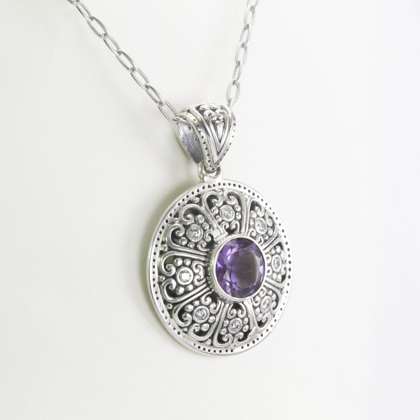 amethyst pendant 925 sterling silver decorated with lotus filigree art and white topaz pave