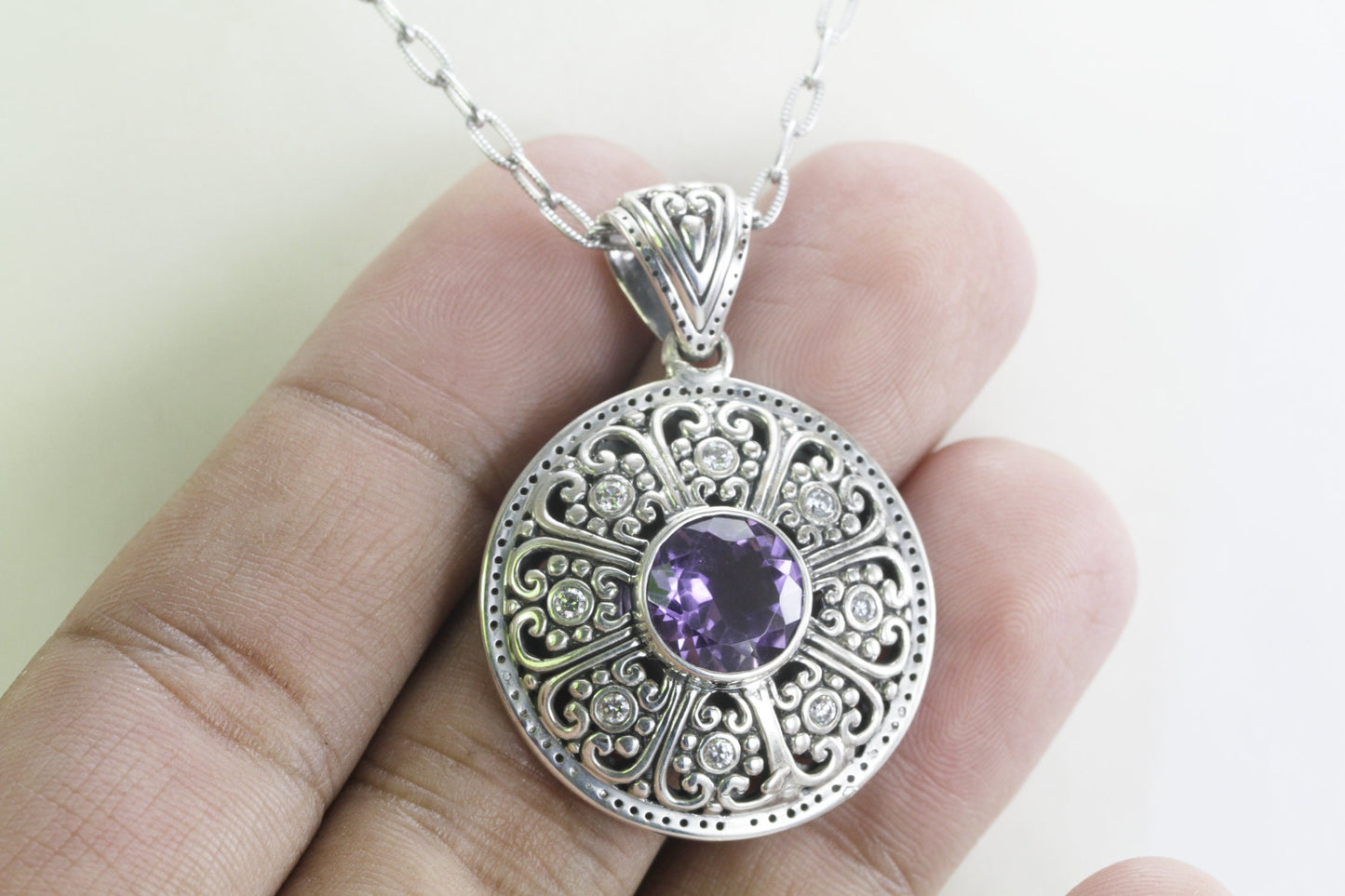 amethyst pendant 925 sterling silver decorated with lotus filigree art and white topaz pave