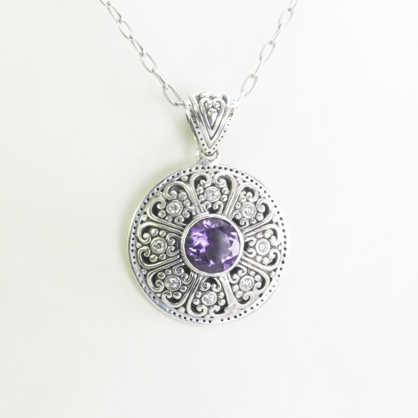 amethyst pendant 925 sterling silver decorated with lotus filigree art and white topaz pave