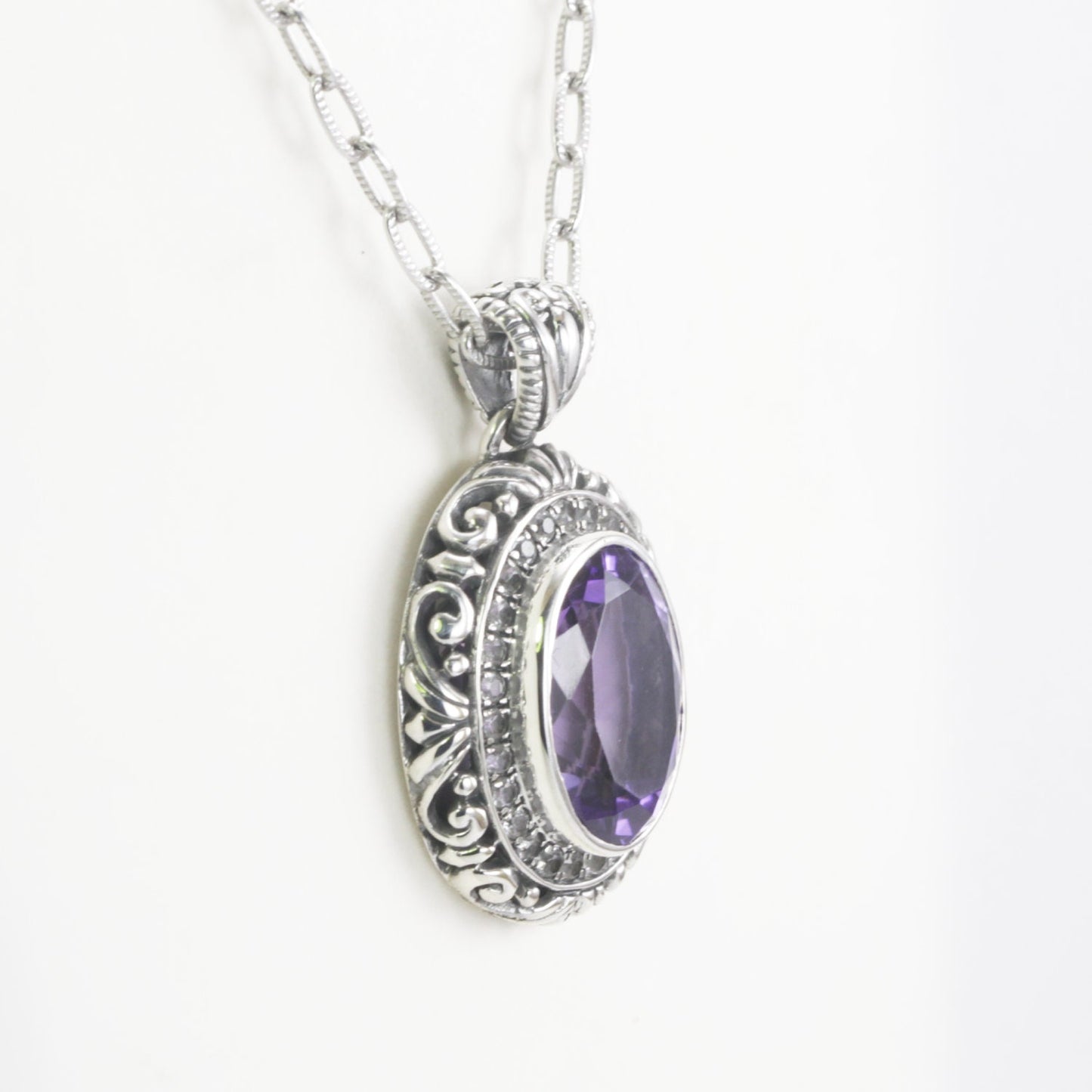 amethyst pendant necklace oval shape set in 925 sterling silver filigree art and white topaz pave