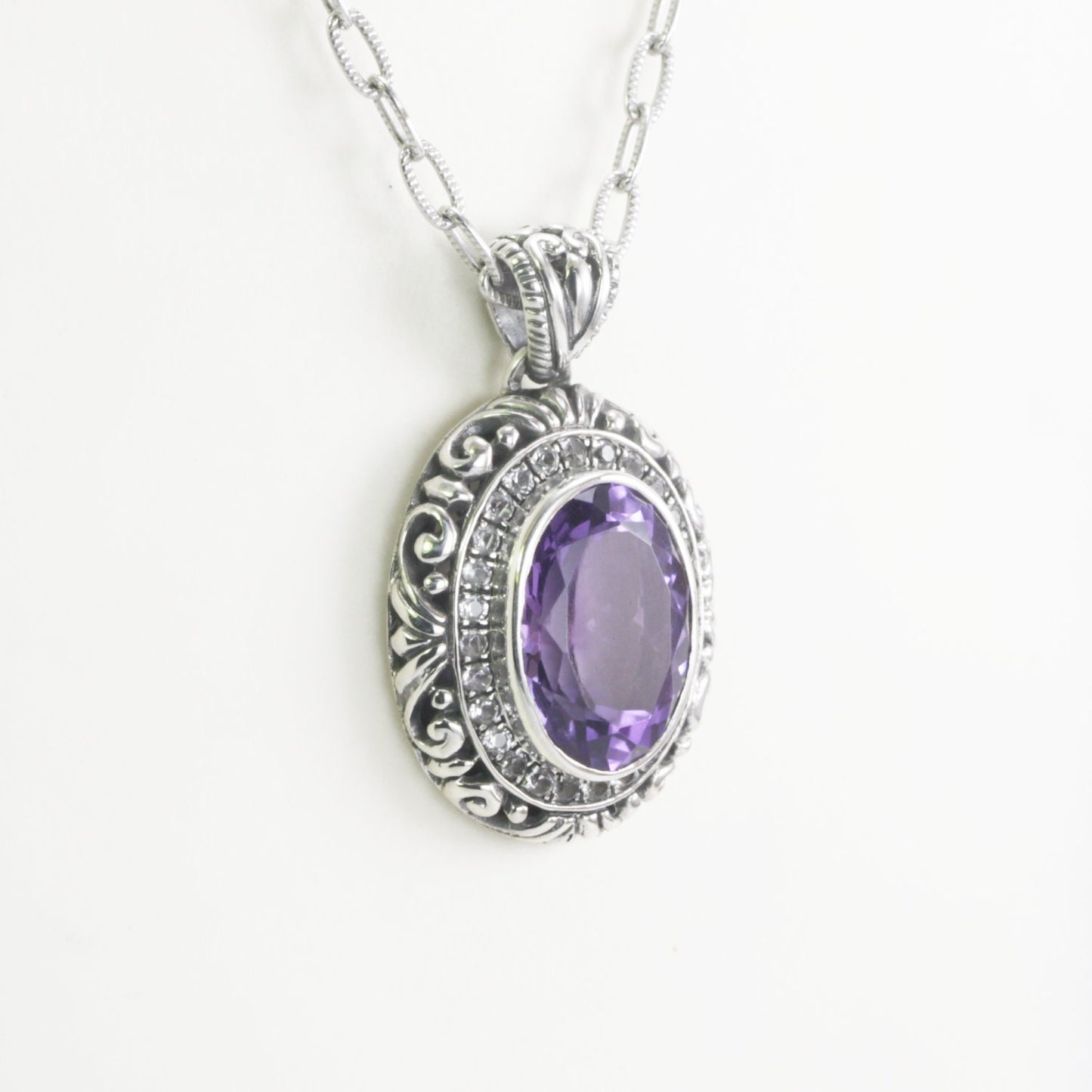 amethyst pendant necklace oval shape set in 925 sterling silver filigree art and white topaz pave