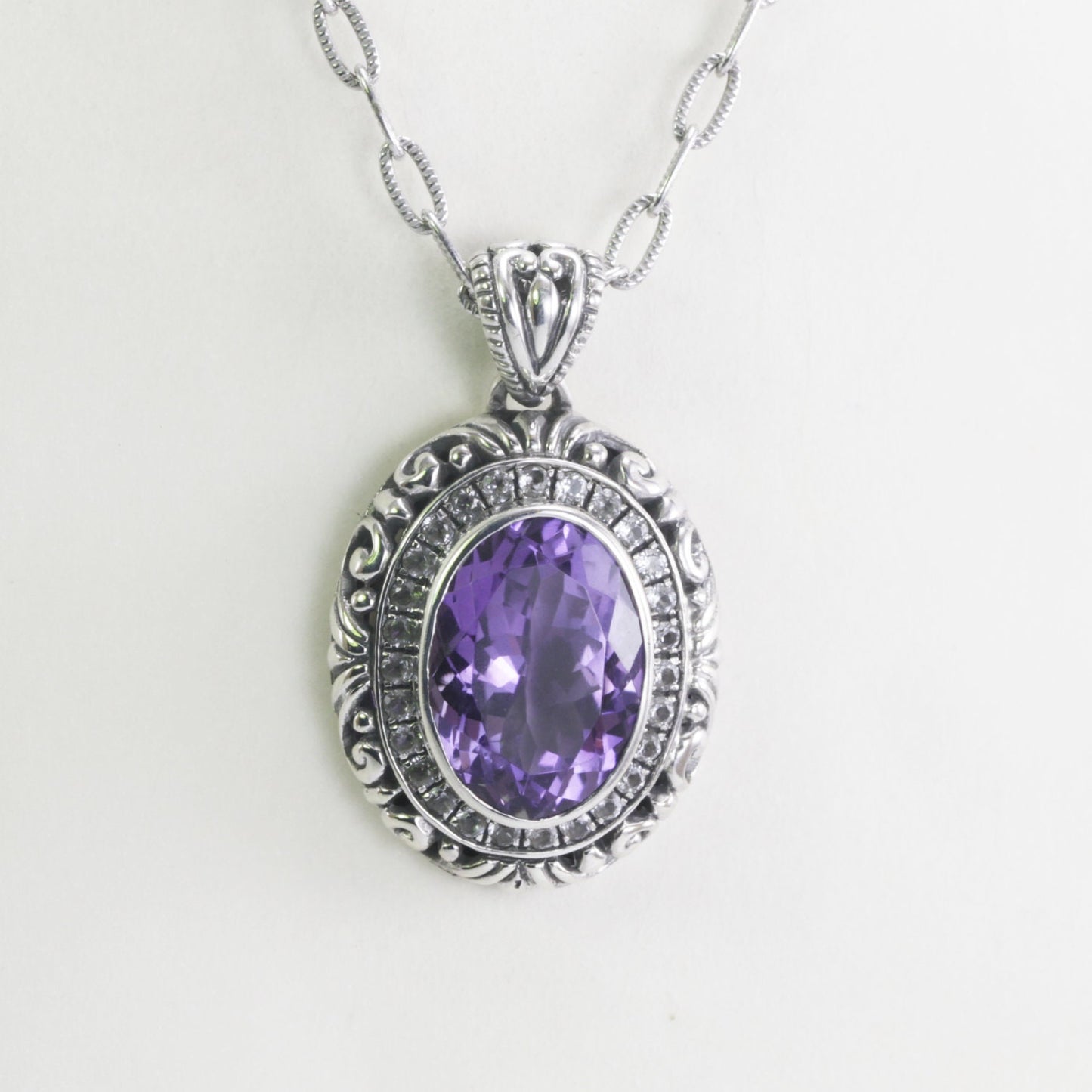 amethyst pendant necklace oval shape set in 925 sterling silver filigree art and white topaz pave