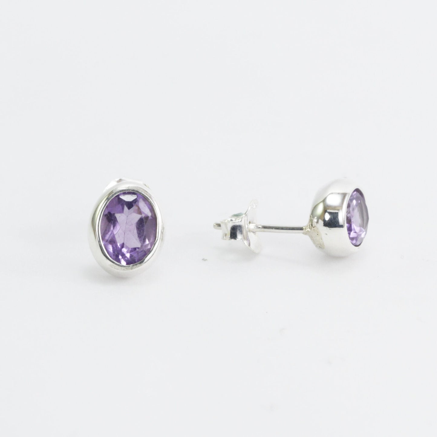 Oval Amethyst Earrings Studs 6*8 oval shape bezel set in 925 stud earrings push back closure