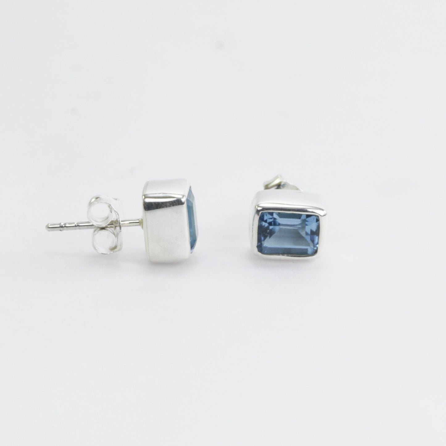 Genuine Blue Topaz Earrings Studs for women 5*7 Octagon shape bezel set in 925 stud earrings push back closure
