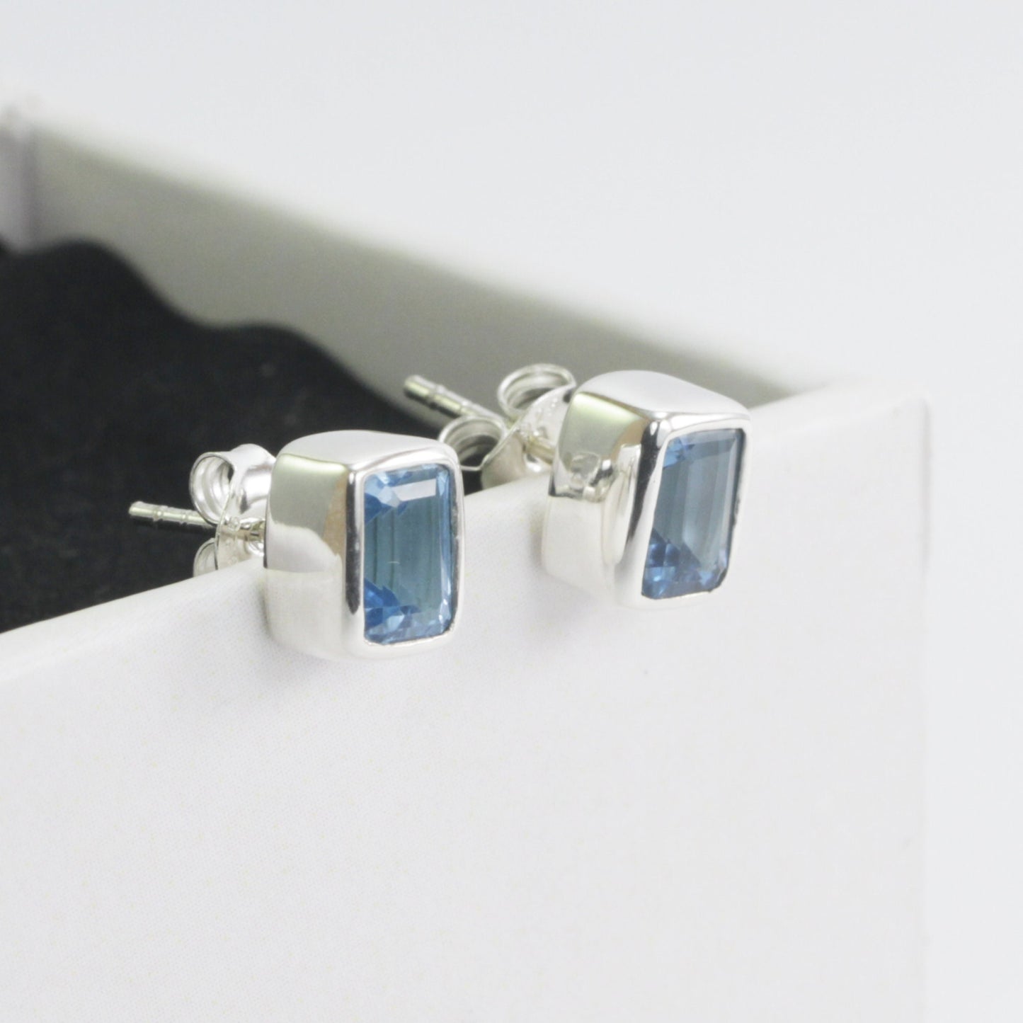 Genuine Blue Topaz Earrings Studs for women 5*7 Octagon shape bezel set in 925 stud earrings push back closure