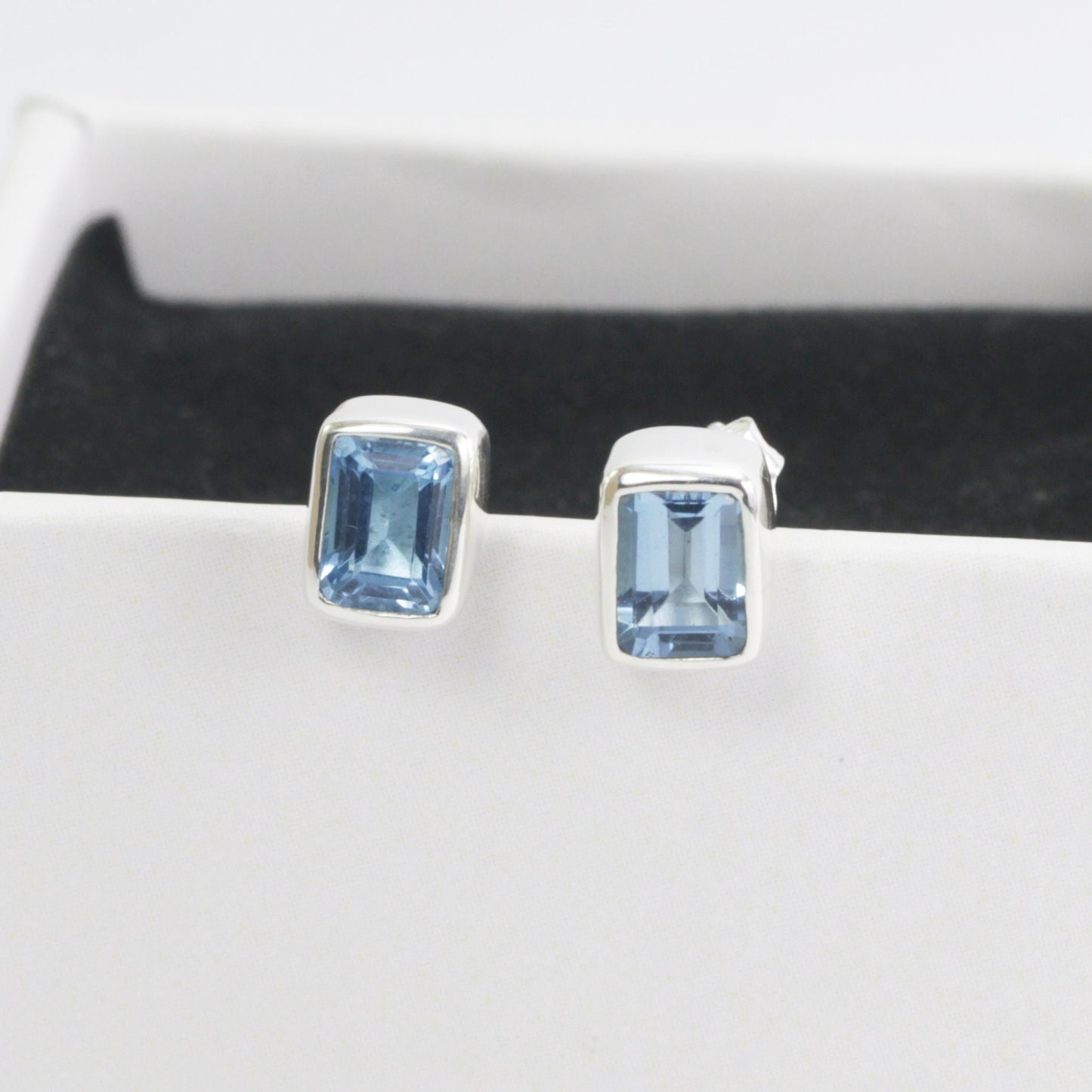 Genuine Blue Topaz Earrings Studs for women 5*7 Octagon shape bezel set in 925 stud earrings push back closure