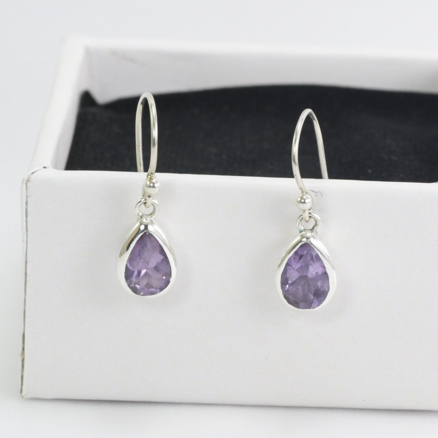 Teardrop Amethyst Earrings bezel set in dangle 925 sterling silver 6*9 m drop