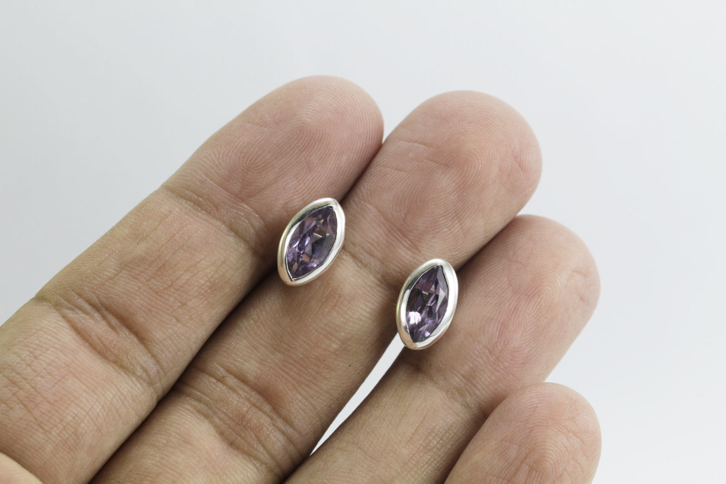 Marquise Amethyst Earrings Studs for women 5*10 mm bezel set in 925 stud earrings push back closure
