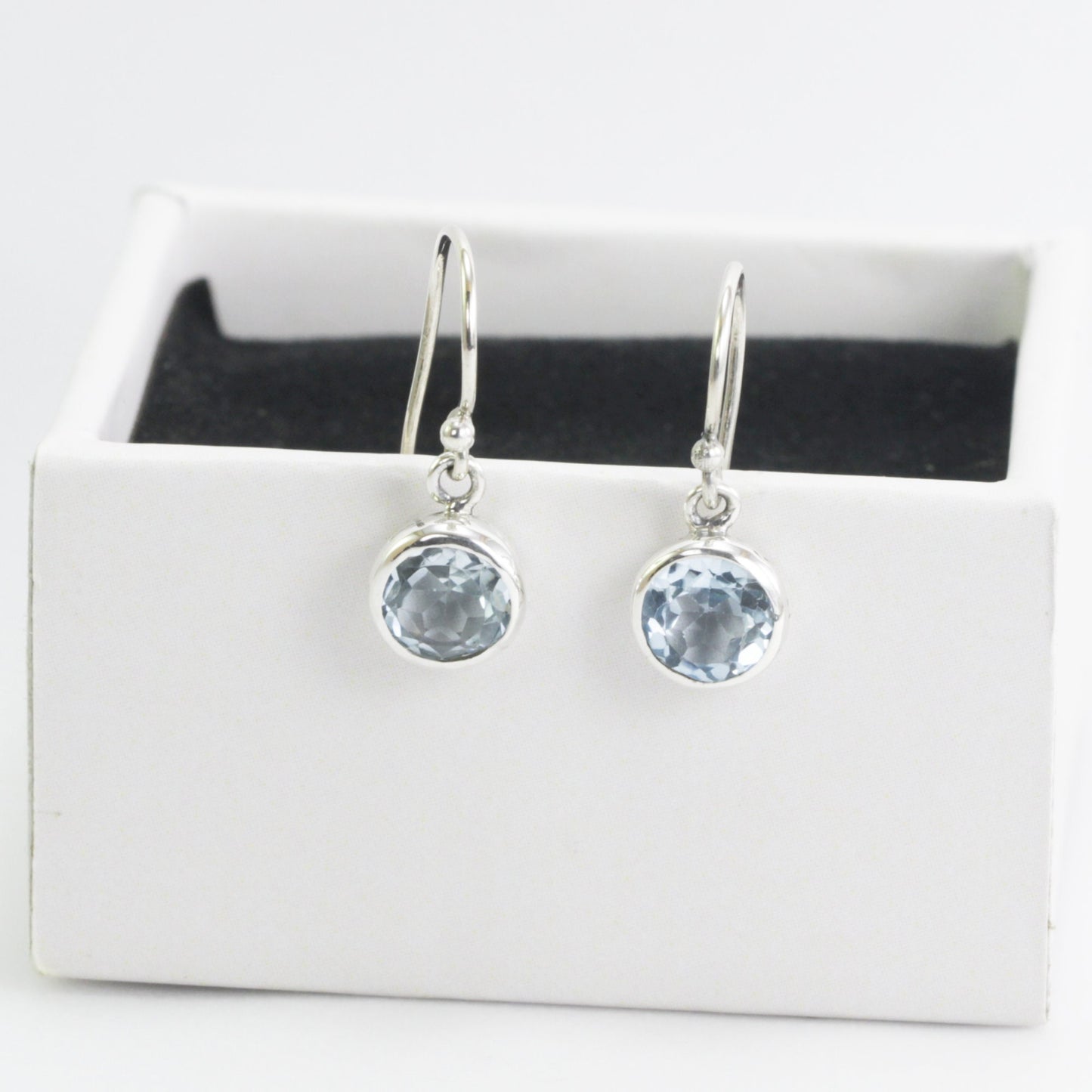 Blue Topaz Earrings bezel set in dangle 925 sterling silver 7 mm round dangle drop