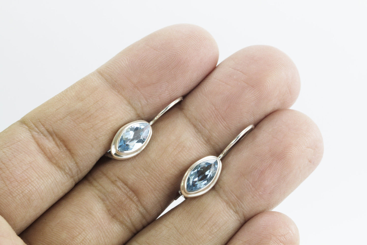 Blue Topaz Kidney Earrings bezel set in dangle 925 sterling silver 5*10 mm marquise dangle drop