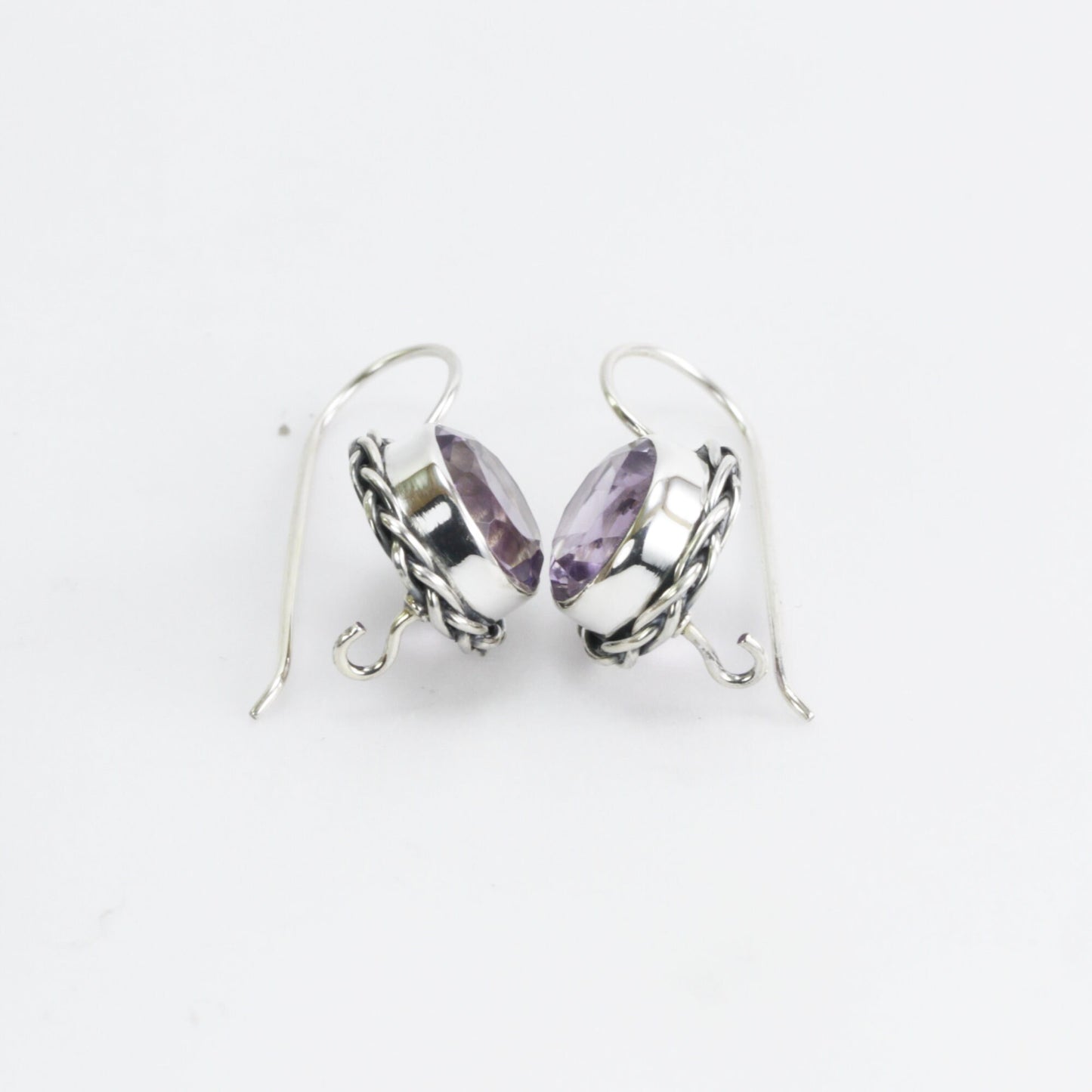 Genuine Amethyst earrings with kidney lock 925 sterling silver decorated with cable edge rope style
