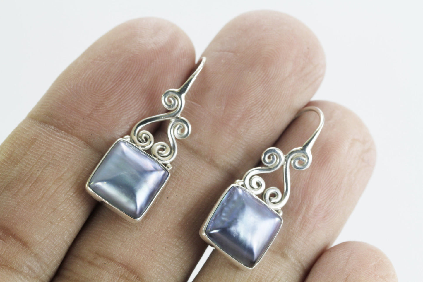 Square Pearl Earrings 925 sterling silver decorated with swirl filigree wire hoop, blue mabe earrings for women