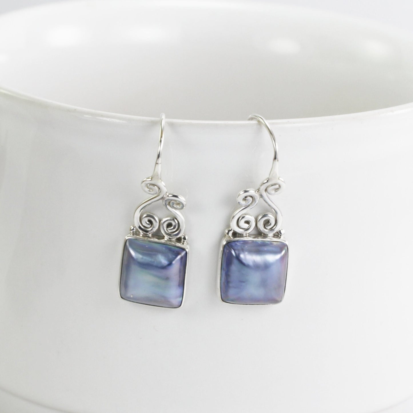 Square Pearl Earrings 925 sterling silver decorated with swirl filigree wire hoop, blue mabe earrings for women