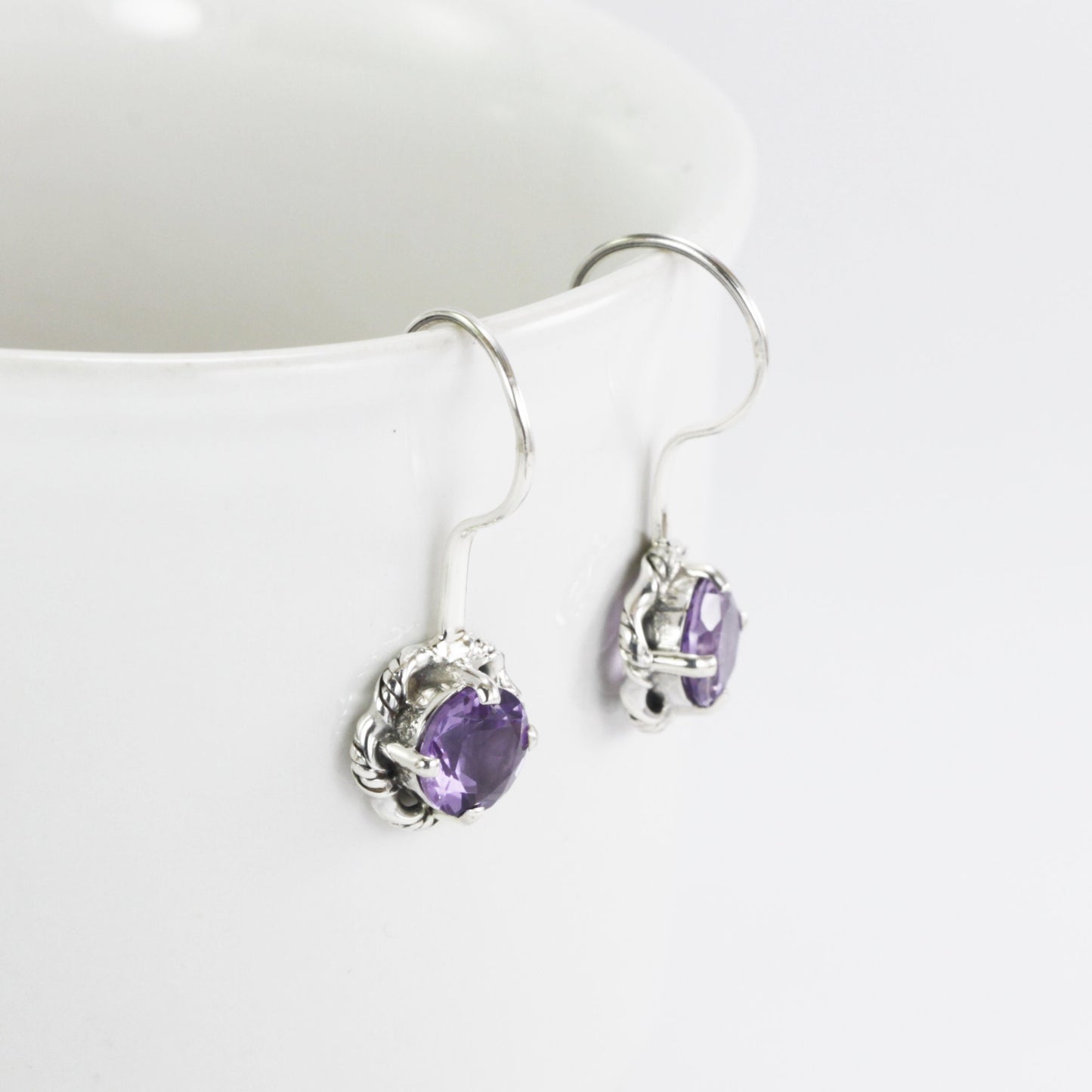 Blue Topaz Earrings dangle 925 sterling silver 7 mm round drop decorated with rope cable edge