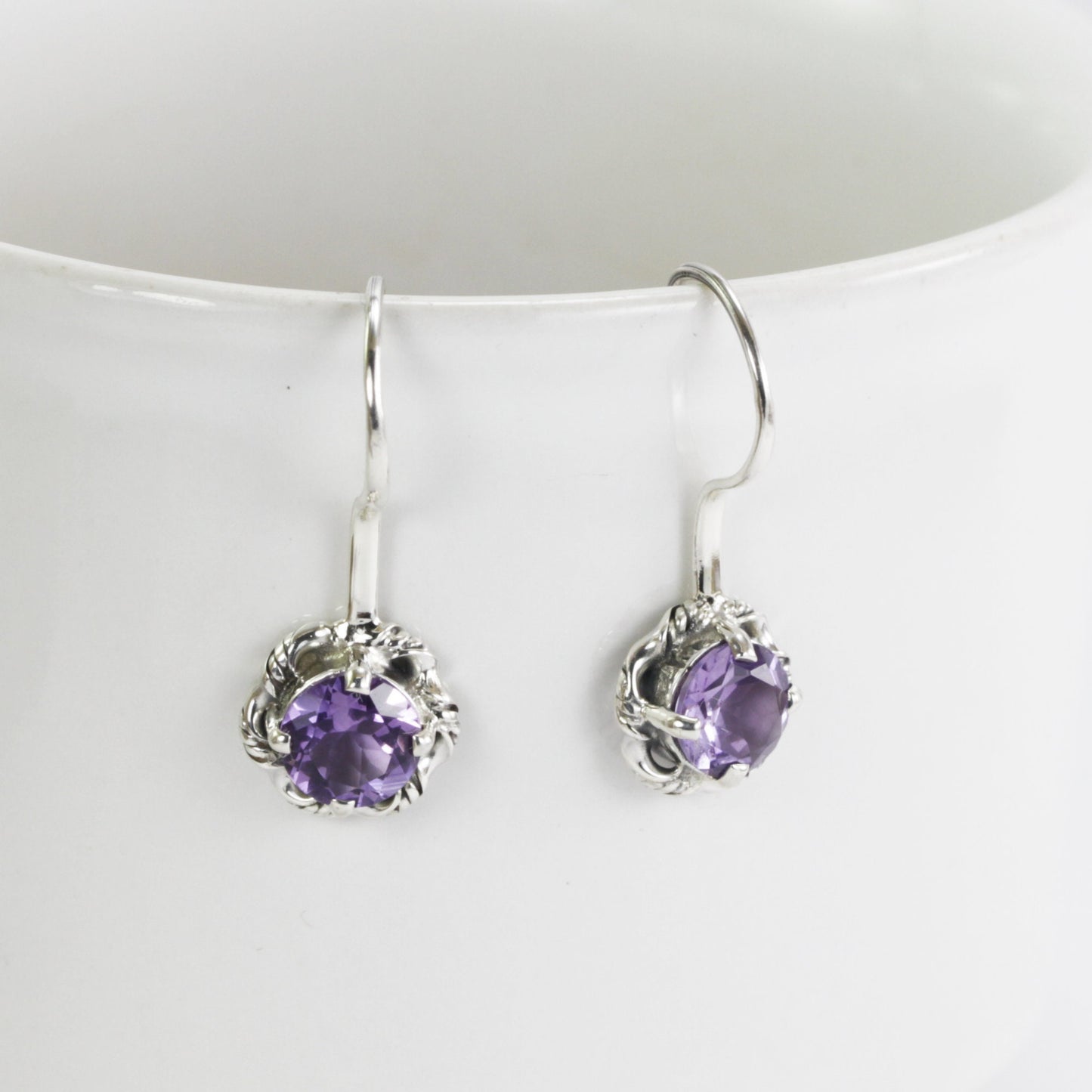 Blue Topaz Earrings dangle 925 sterling silver 7 mm round drop decorated with rope cable edge