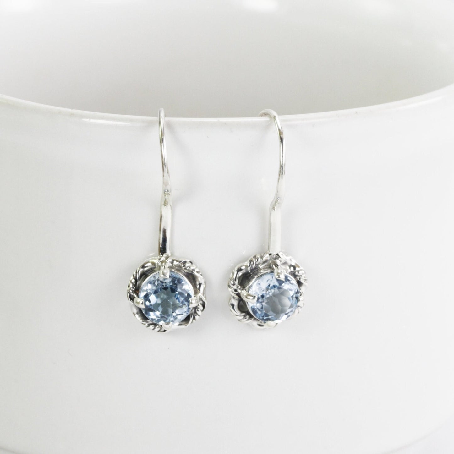 Blue Topaz Earrings dangle 925 sterling silver 7 mm round drop decorated with rope cable edge