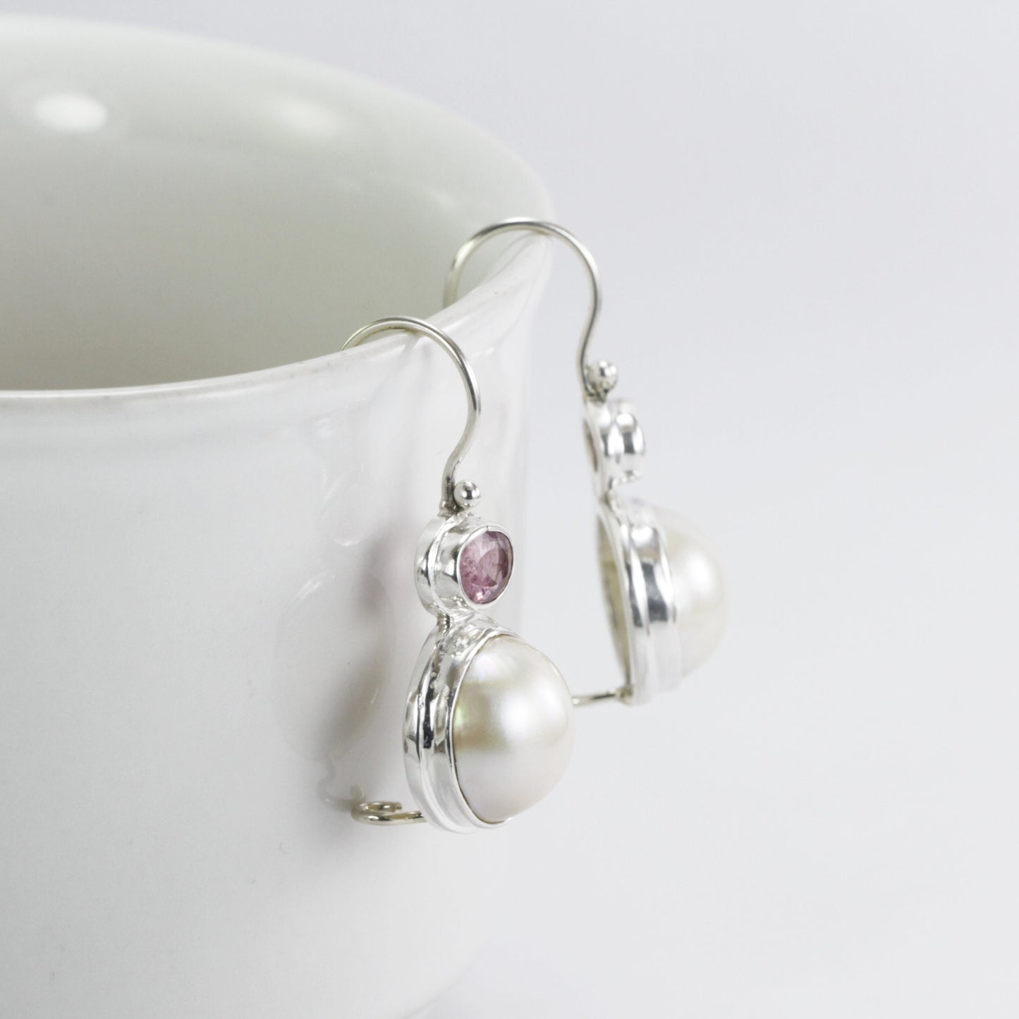 mabe pearl stud earrings set in 925 sterling silver with genuine pink tourmaline