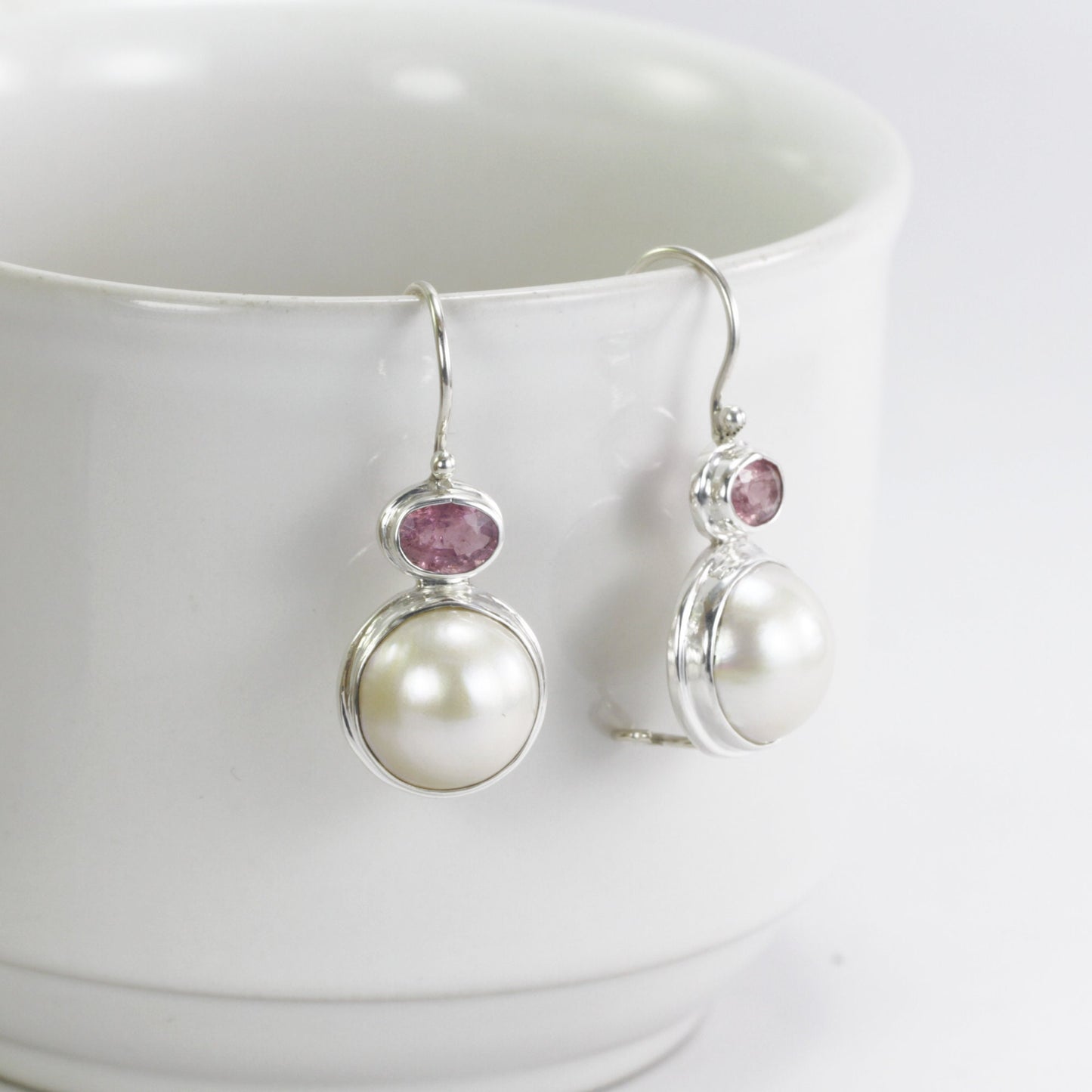mabe pearl stud earrings set in 925 sterling silver with genuine pink tourmaline