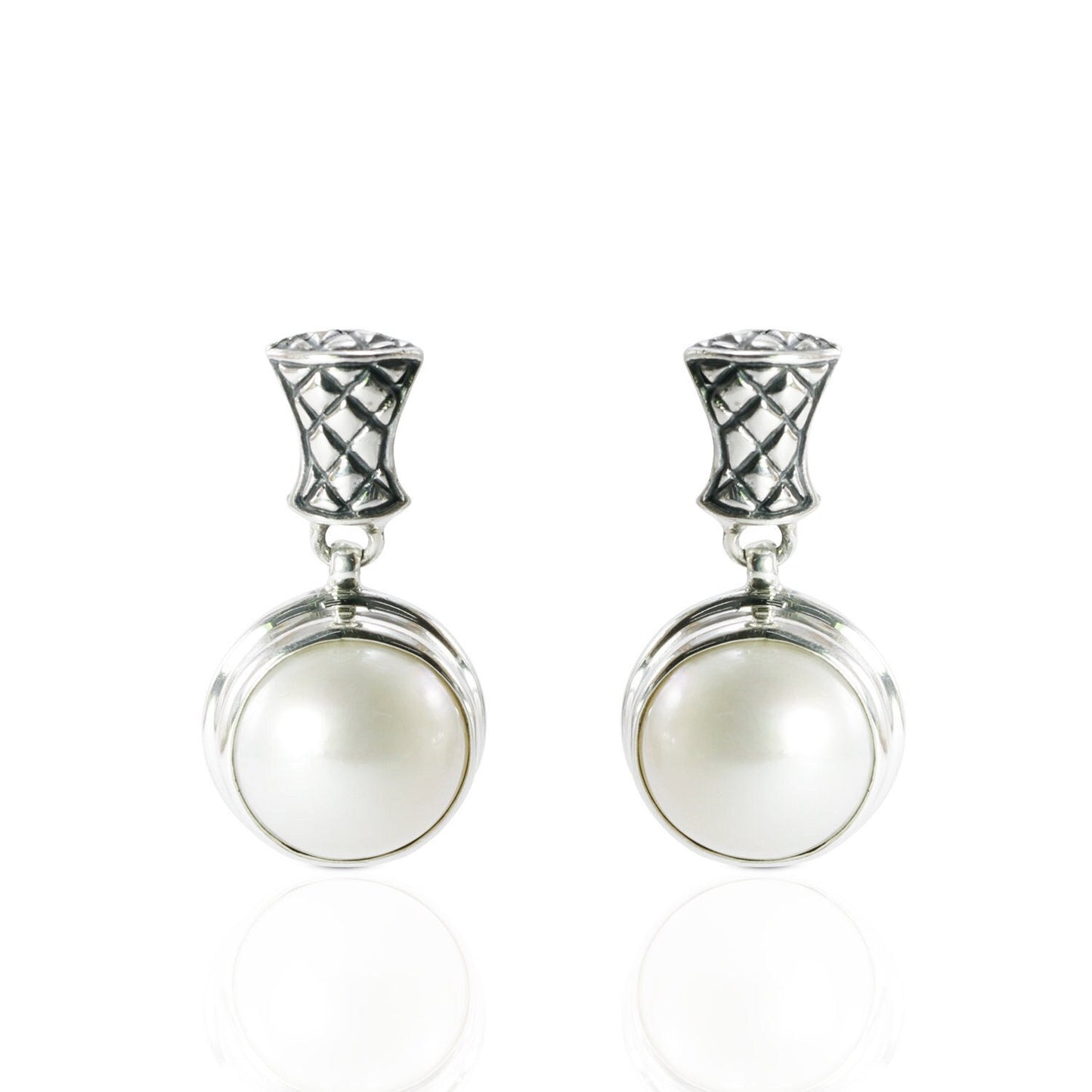 white mabe pearl earrings set in 925 Sterling silver dangle drop