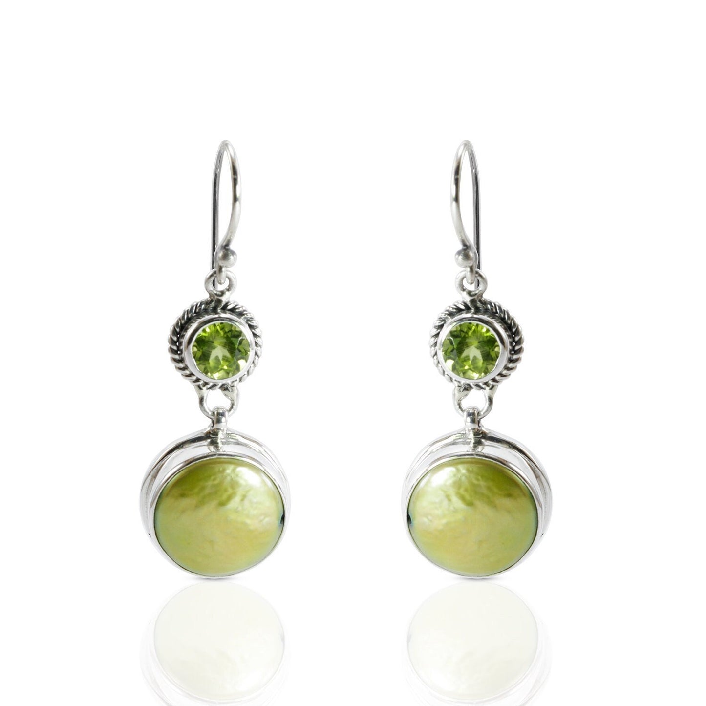 green peridot earrings set in 925 sterling silver with green baroque pearl