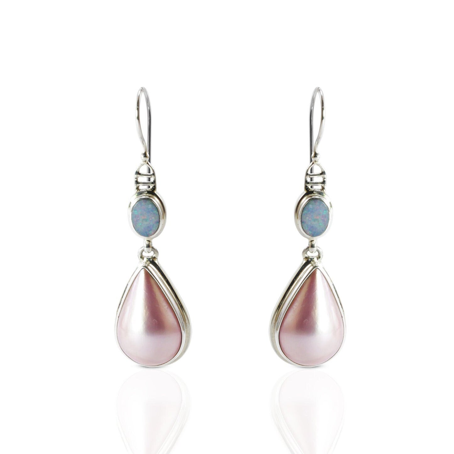 pink mabe pearl earrings 925 sterling silver with genuine opal, teardrop pearl earrings