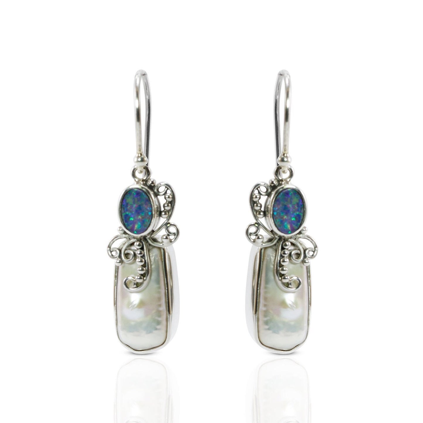 Beautiful dangle drop earrings with natural Australian fire opal and genuine baroque pearl set in handmade 925 sterling silver leaf